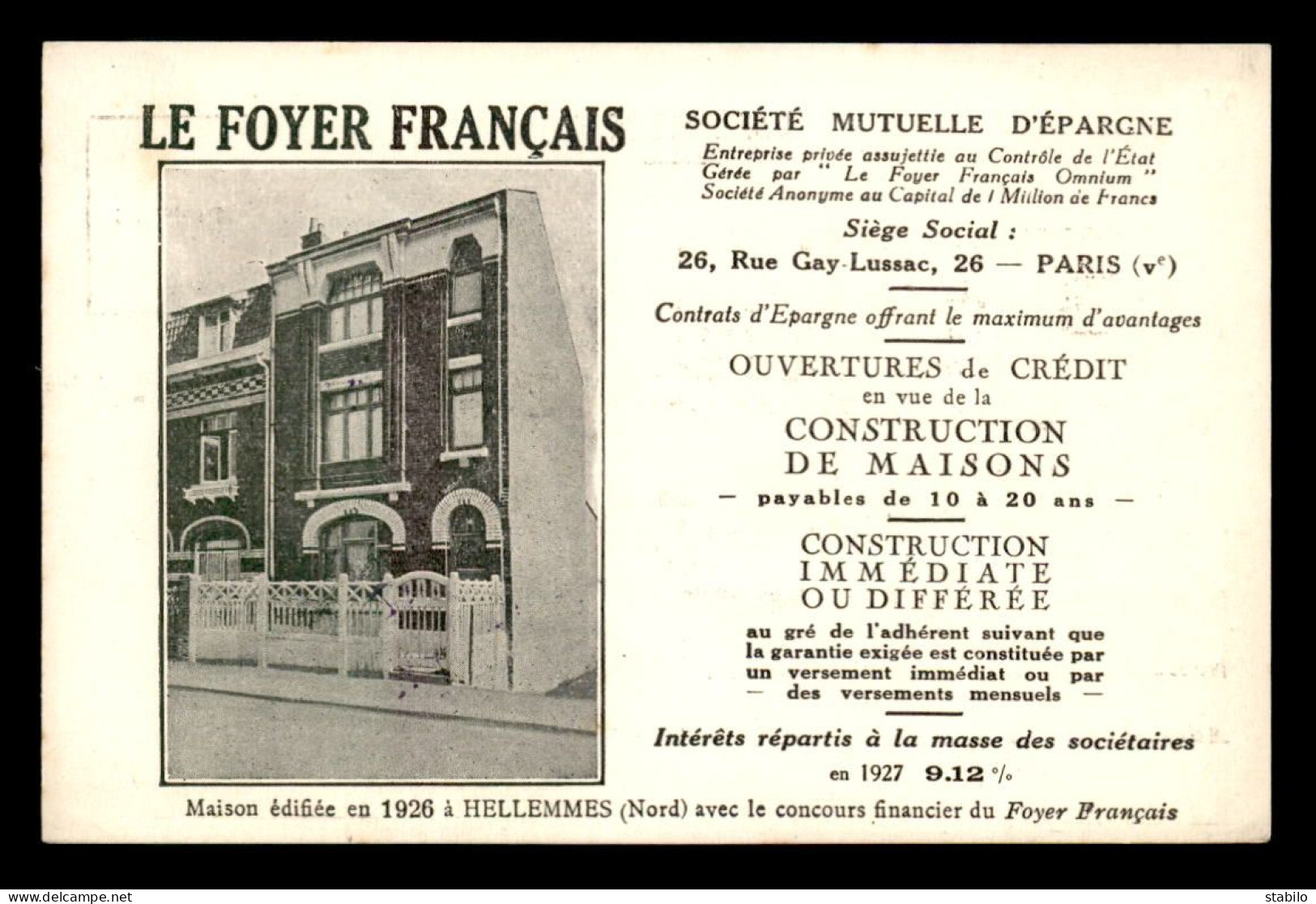 59 - HELLEMMES - LE FOYER FRANCAIS, SOCIETE MUTELLE D'EPARGNE - CARTE PUBLICITAIRE - Other & Unclassified