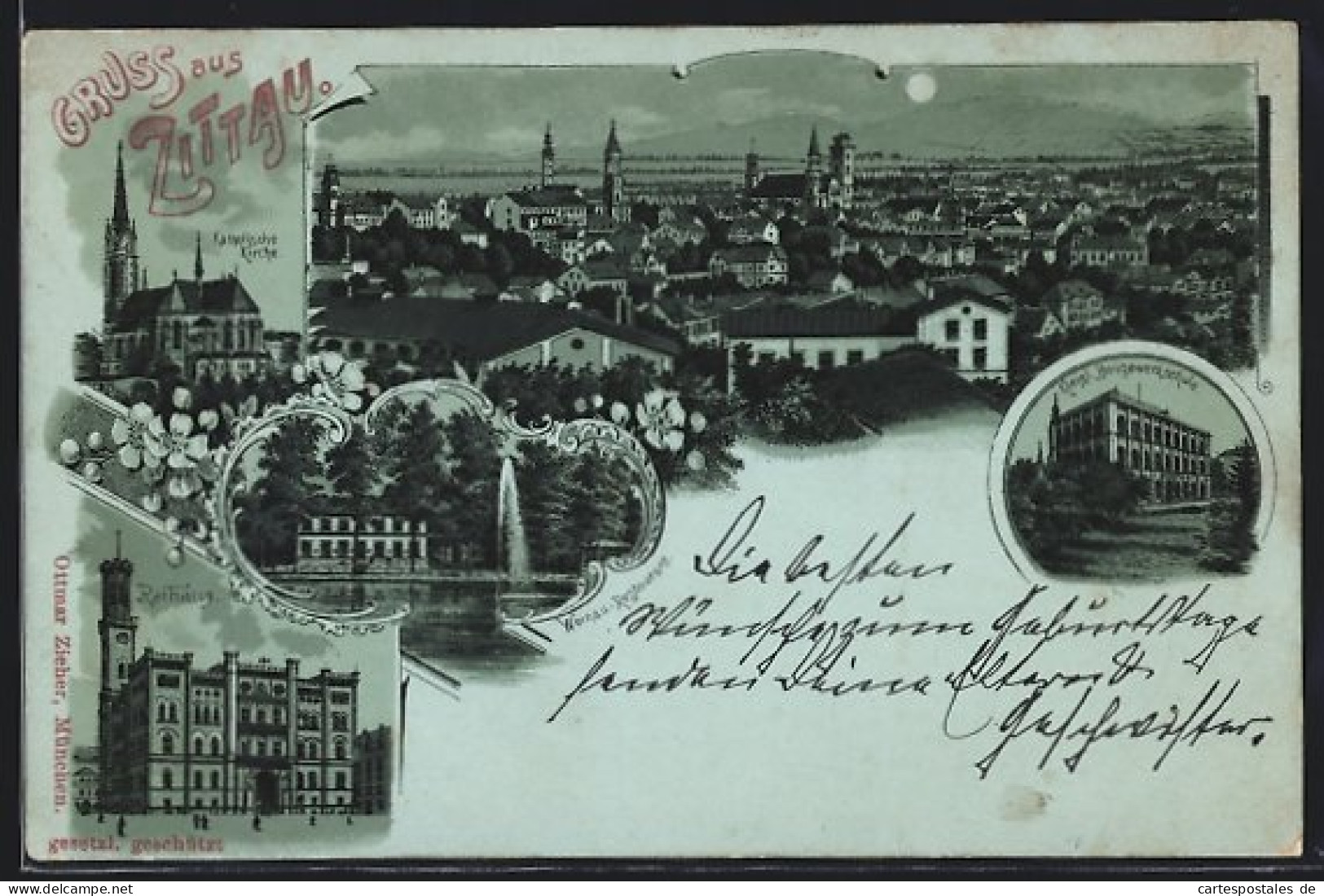 Mondschein-Lithographie Zittau, Katholische Kirche, Rathaus, Weinau-Restaurant, Königl. Baugewerkschule  - Zittau