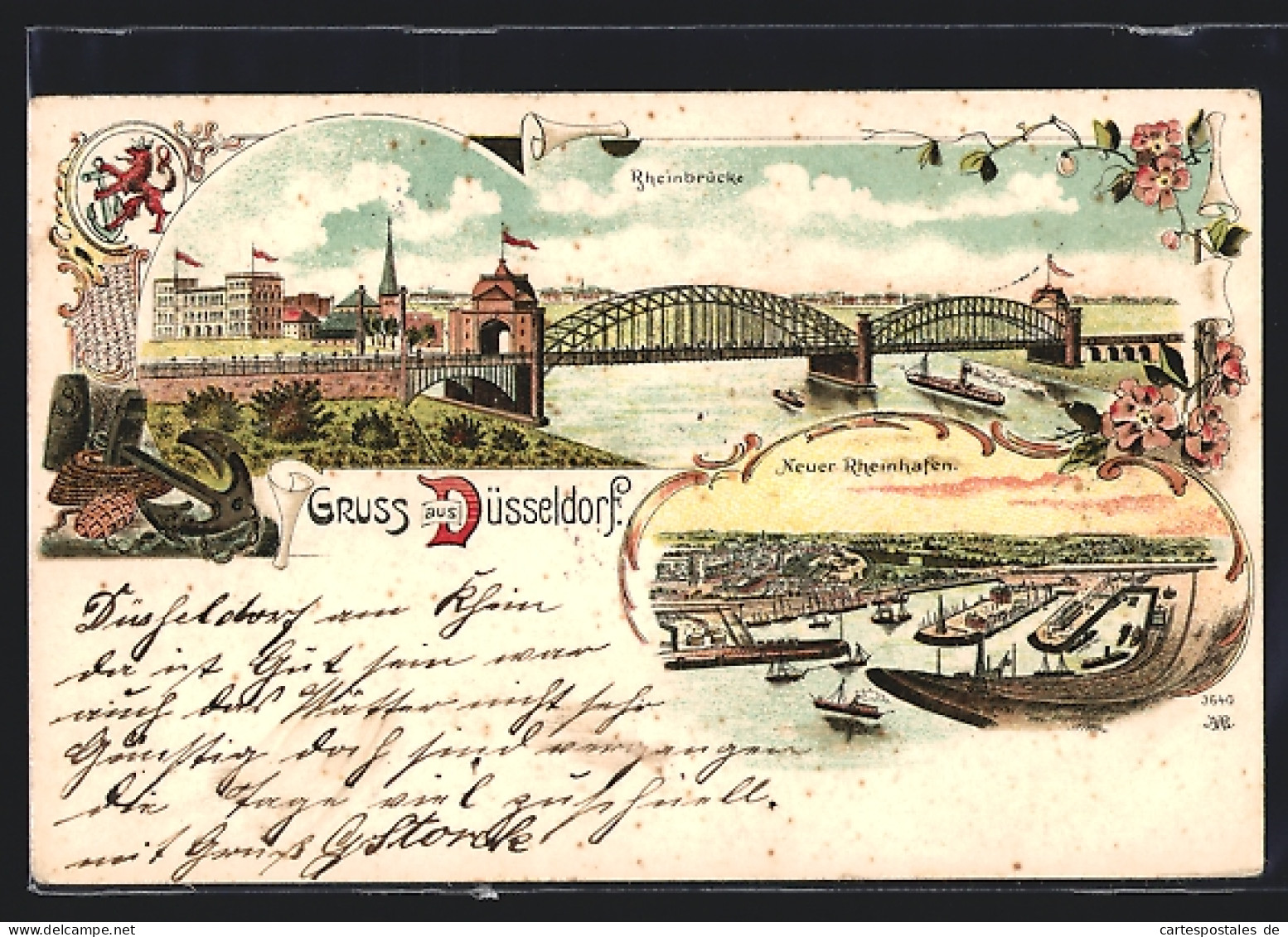 Lithographie Düsseldorf, Neuer Rheinhafen, Rheinbrücke  - Duesseldorf