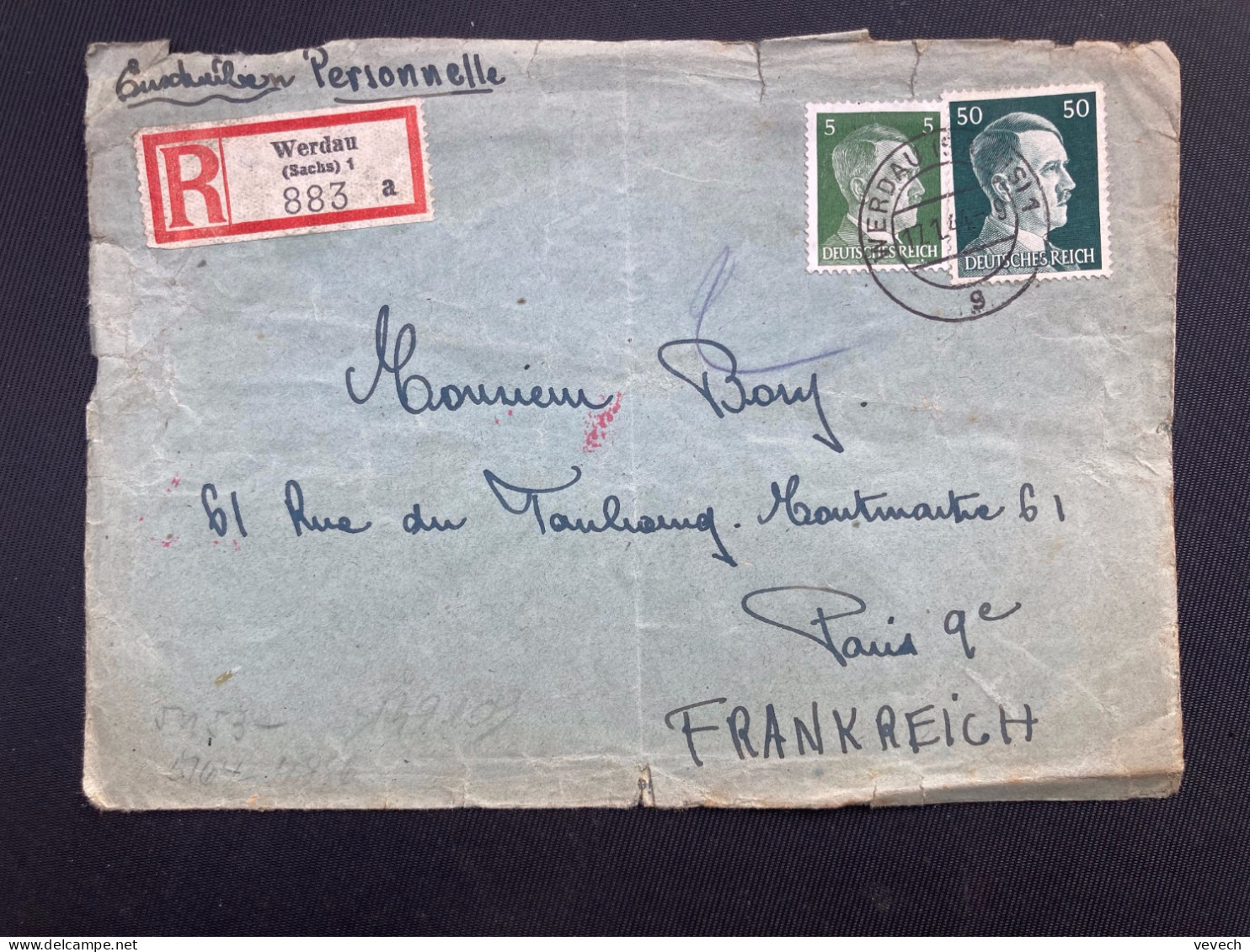 LR Pour La FRANCE TP 50 + 5 OBL.17-1 44 WERDAU 1 Pour BORY à PARIS 9e + CENSURE - Covers & Documents