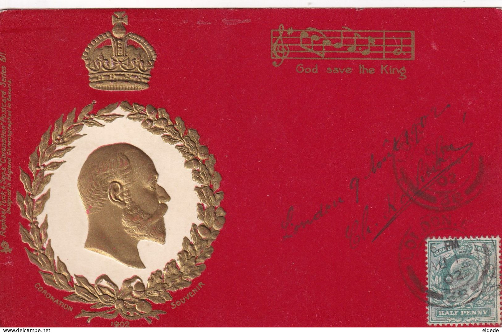 Royalty Maximum Card Same Stamp As The Card Coronation 1902 Golden Embossed Tuck Card - Autres & Non Classés