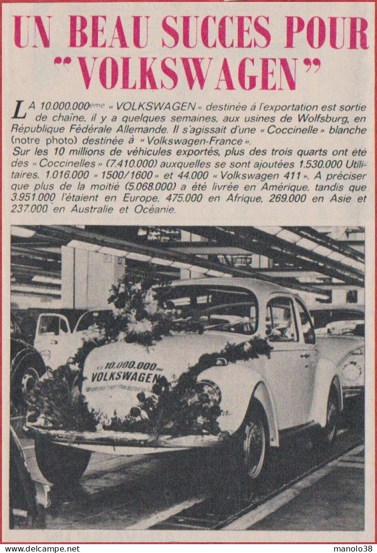La 10 Millionième Volkswagen. Détails Des Ventes : Coccinelle, Utilitaire. Répartition Des Ventes Dans Le Monde. 1970. - Documentos Históricos