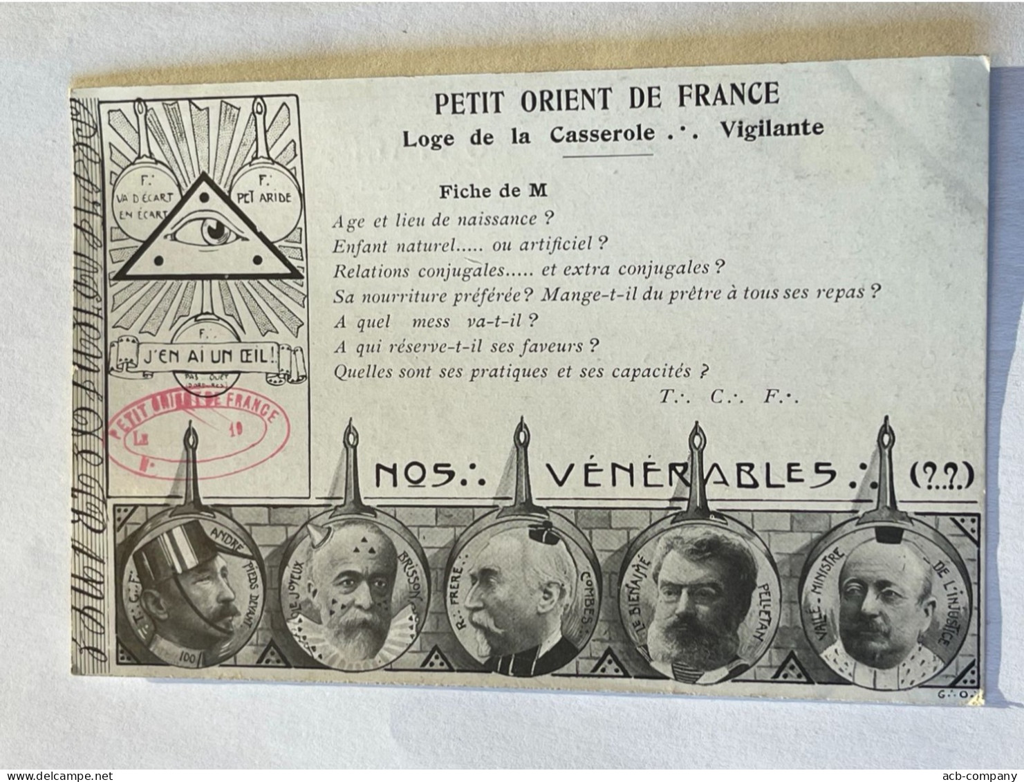 Franc - Maçonnerie .anti Franc Maçonnerie . Petit Orient De France . Loge De La Casserole .. Vigilante . - Jewish