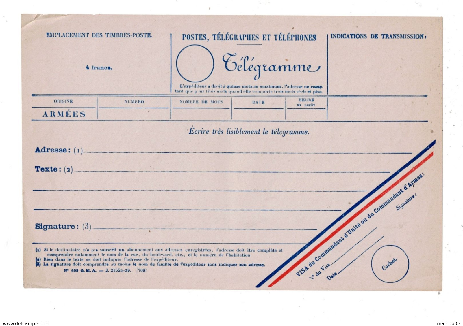 Formule Neuve De Dépôt Télégramme 1939 Spécifique Pour Les Militaires Avec Taxe Fixe De 4 Francs (petits Plis) TTB - Telegraph And Telephone