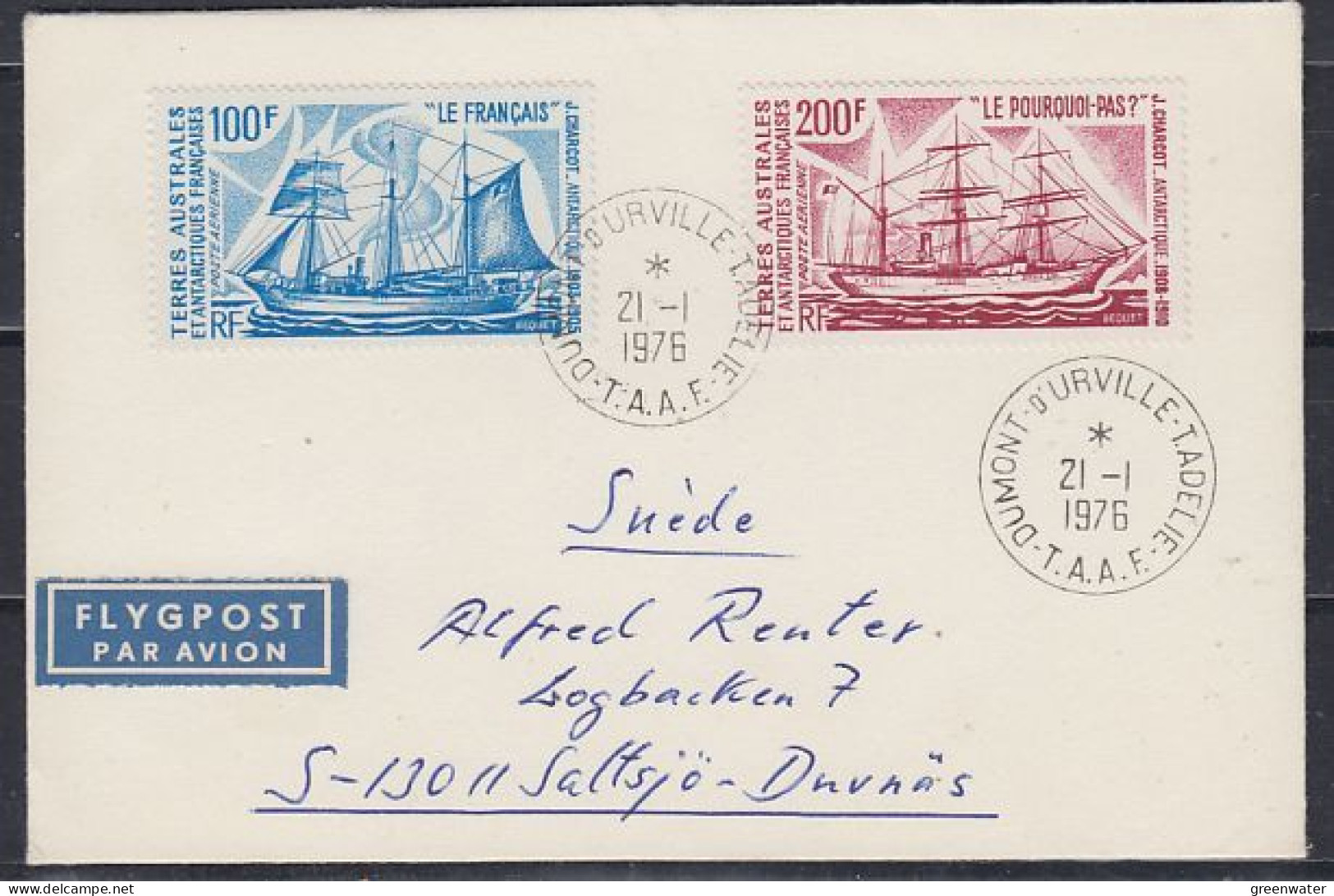 TAAF  Sailing Ships 2v On Cover Ca  Dumont D'Urville 21.1.1976 (59773) - Lettres & Documents