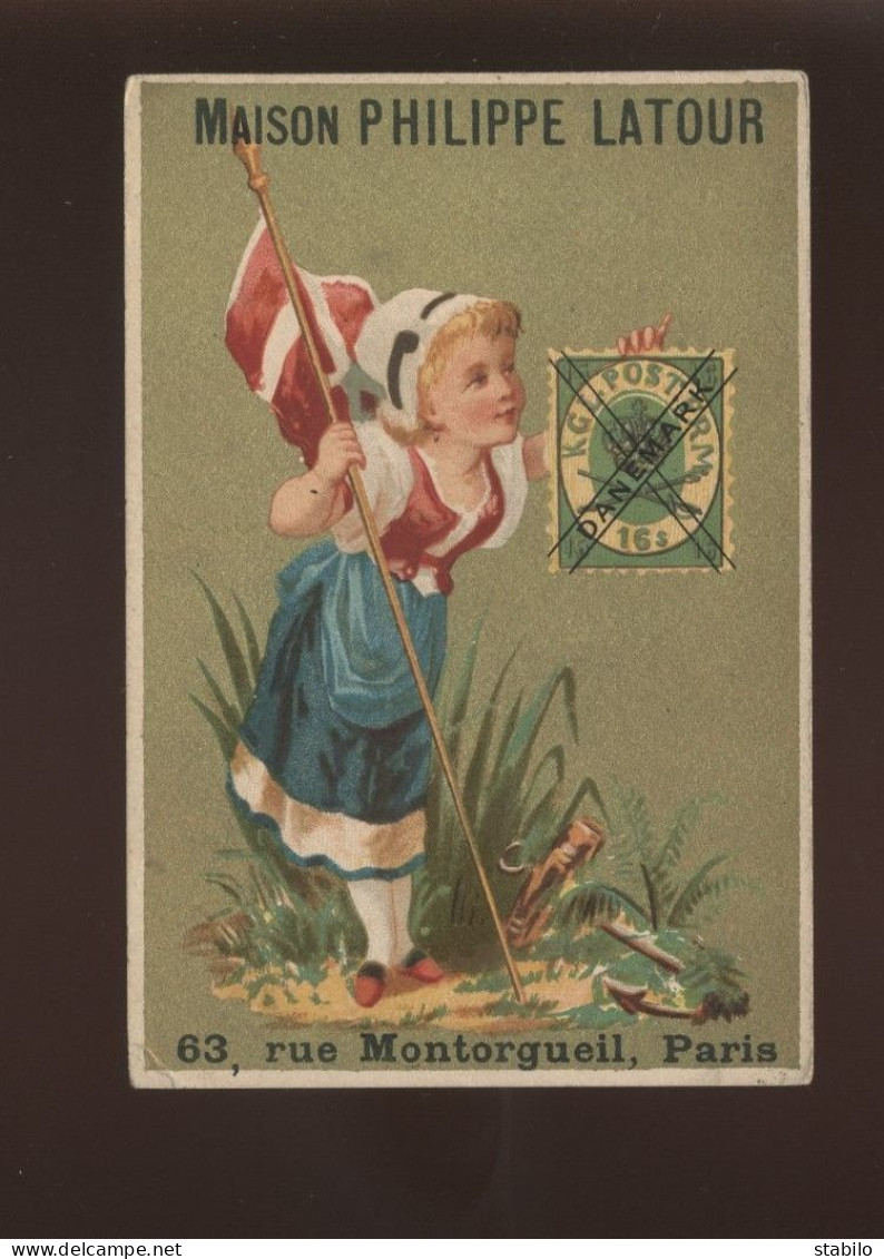 CHROMOS - LE DANEMARK - TIMBRE ET DRAPEAU - MAISON PHILIPPE LATOUR, 63 RUE MONTORGUEIL PARIS - Autres & Non Classés