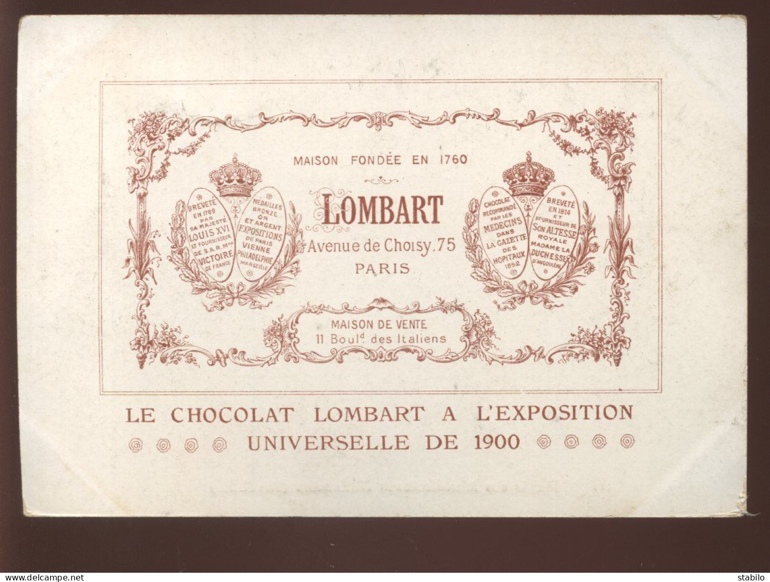 CHROMOS - EXPOSITION UNIVERSELLE DE 1900 - CHOCOLAT LOMBART, 75 AVENUE DE CHOISY, PARIS - - Lombart