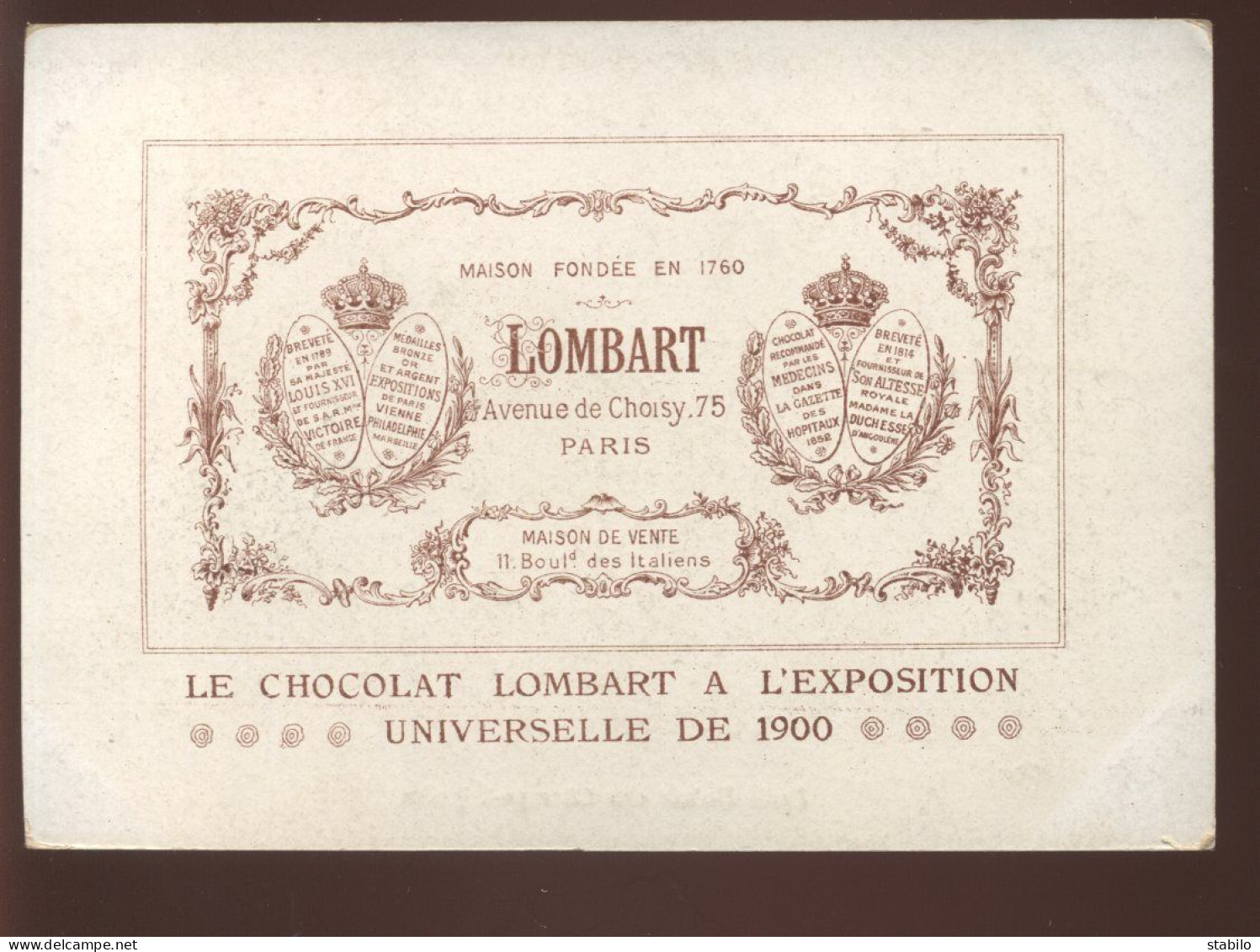 CHROMOS - EXPOSITION UNIVERSELLE DE 1900 - CHOCOLAT LOMBART, 75 AVENUE DE CHOISY, PARIS - - Lombart