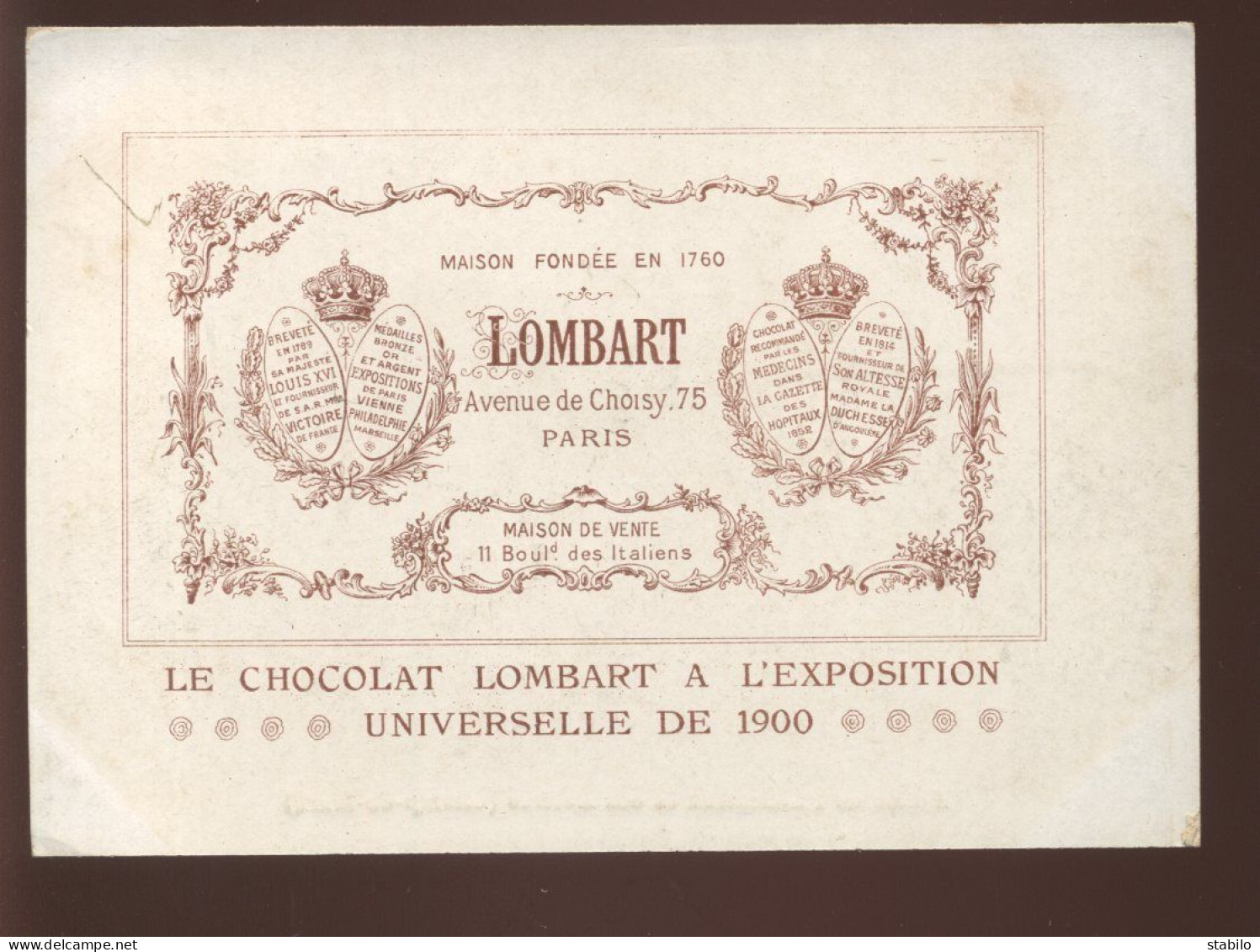 CHROMOS - EXPOSITION UNIVERSELLE DE 1900 - CHOCOLAT LOMBART, 75 AVENUE DE CHOISY, PARIS - - Lombart