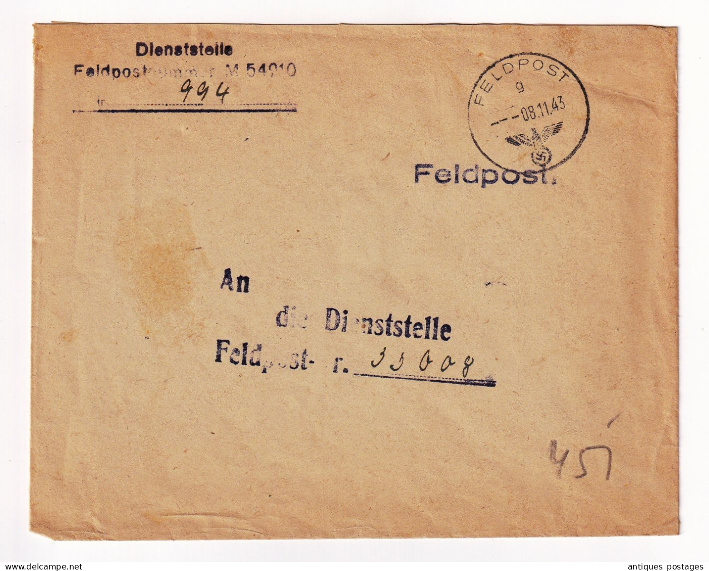 WW2 Feldpost 1943 Dienststelle Deutschland Allemagne Poste Militaire - Feldpost 2e Guerre Mondiale
