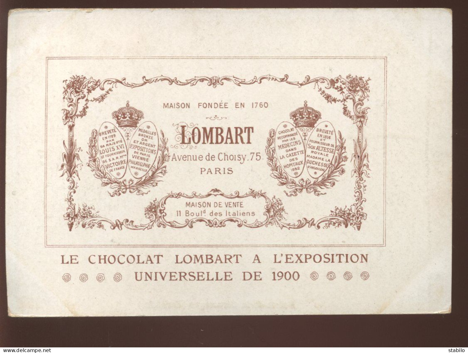 CHROMOS - EXPOSITION UNIVERSELLE DE 1900 - CHOCOLAT LOMBART, 75 AVENUE DE CHOISY, PARIS - - Lombart