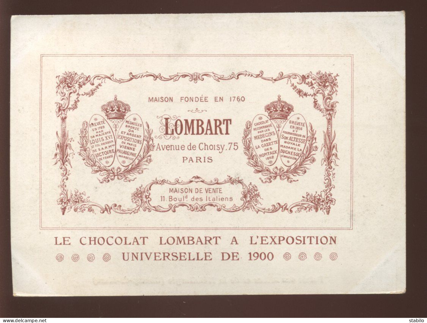 CHROMOS - EXPOSITION UNIVERSELLE DE 1900 - CHOCOLAT LOMBART, 75 AVENUE DE CHOISY, PARIS - - Lombart