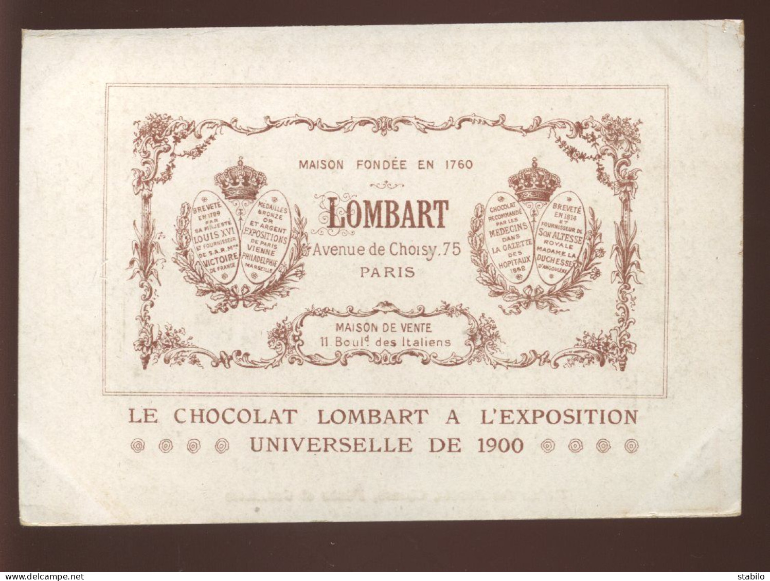 CHROMOS - EXPOSTION UNIVERSELLE DE 1900 - CHOCOLAT LOMBART, 75 AVENUE DE CHOISY, PARIS -  - Lombart