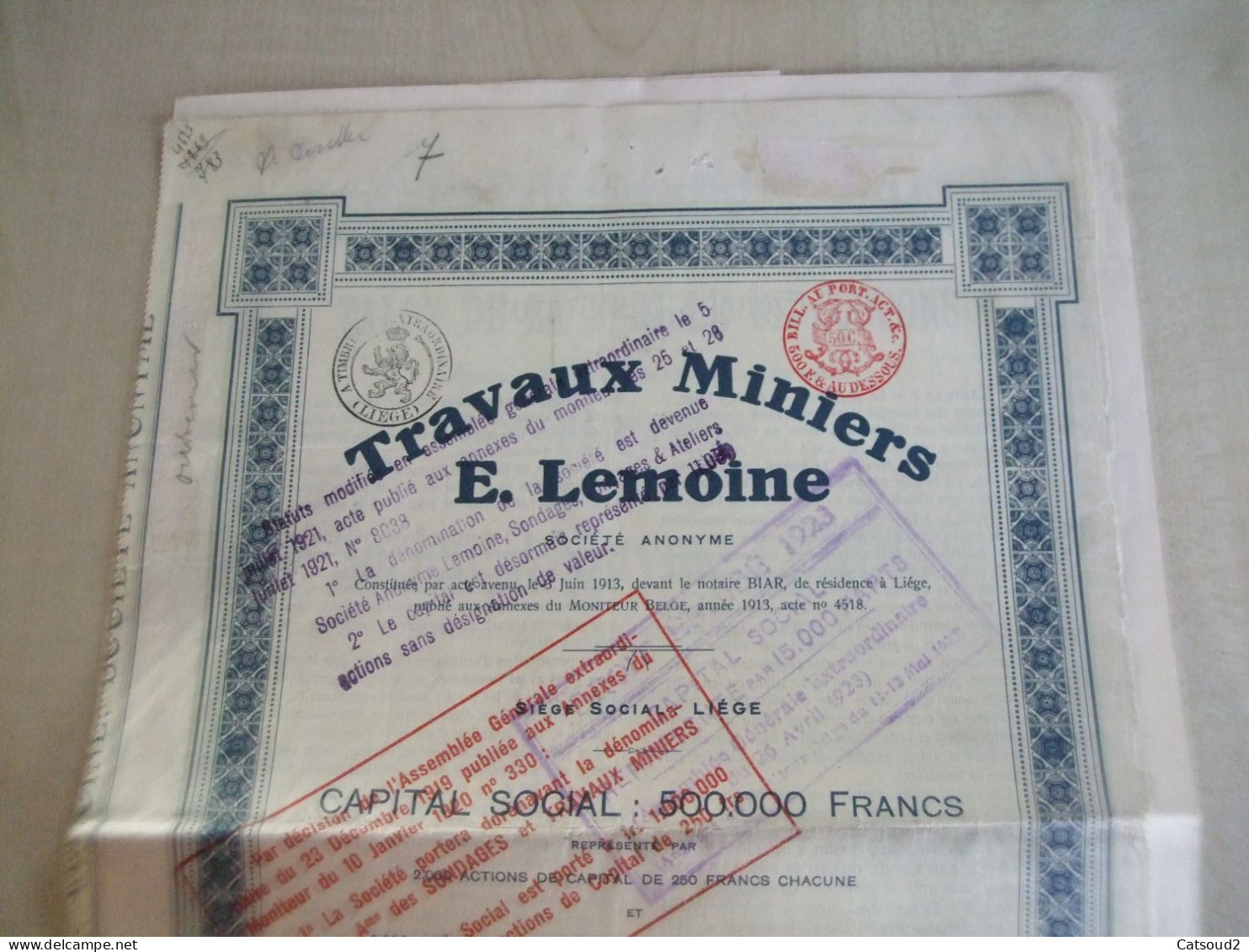 Action Ancienne 1913 TRAVAUX MINIERS E. LEMOINE - Andere & Zonder Classificatie