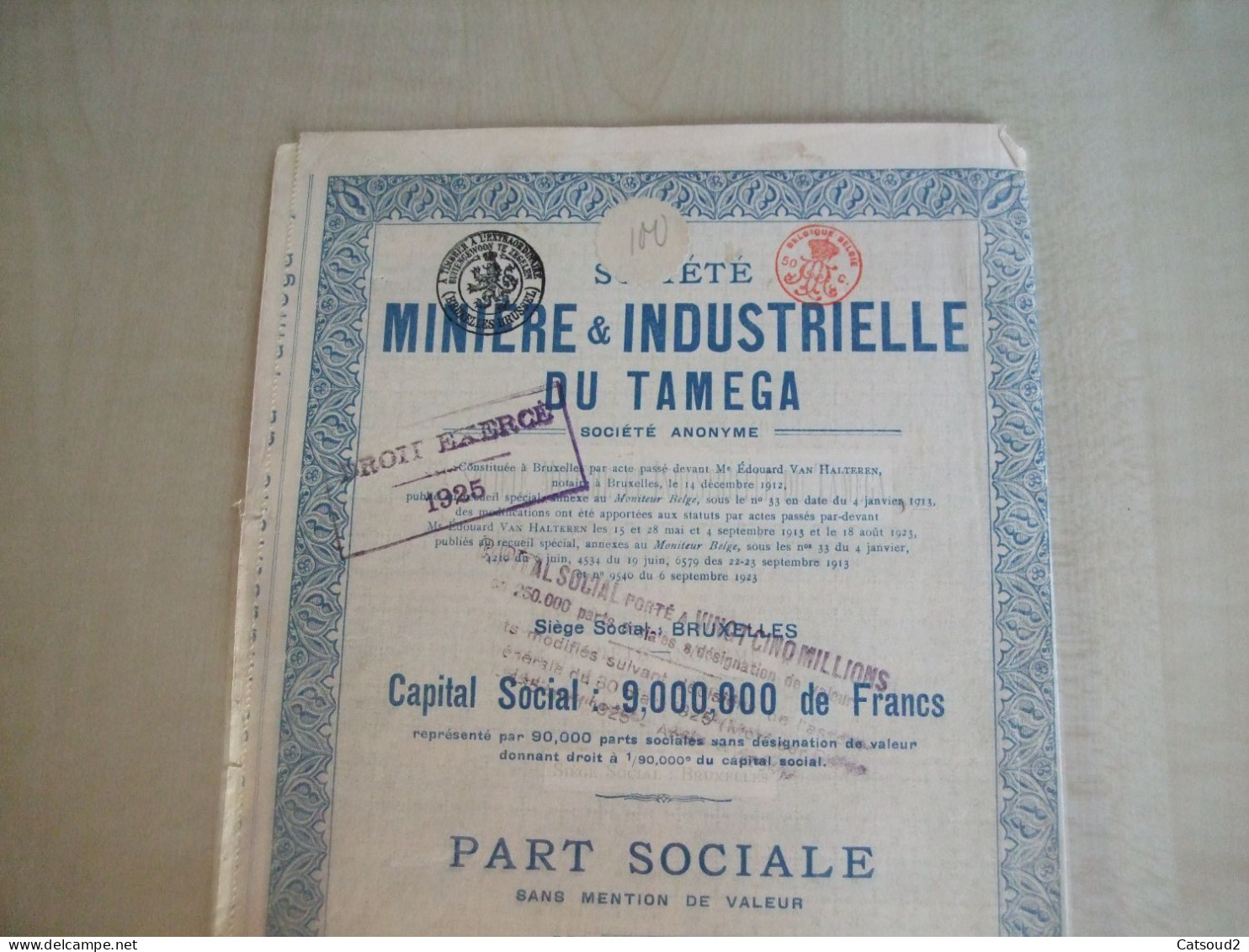 Part Sociale Ancienne 1913 SOCIETE MINIERE ET INDUSTRIELLE DU TAMEGA - Otros & Sin Clasificación