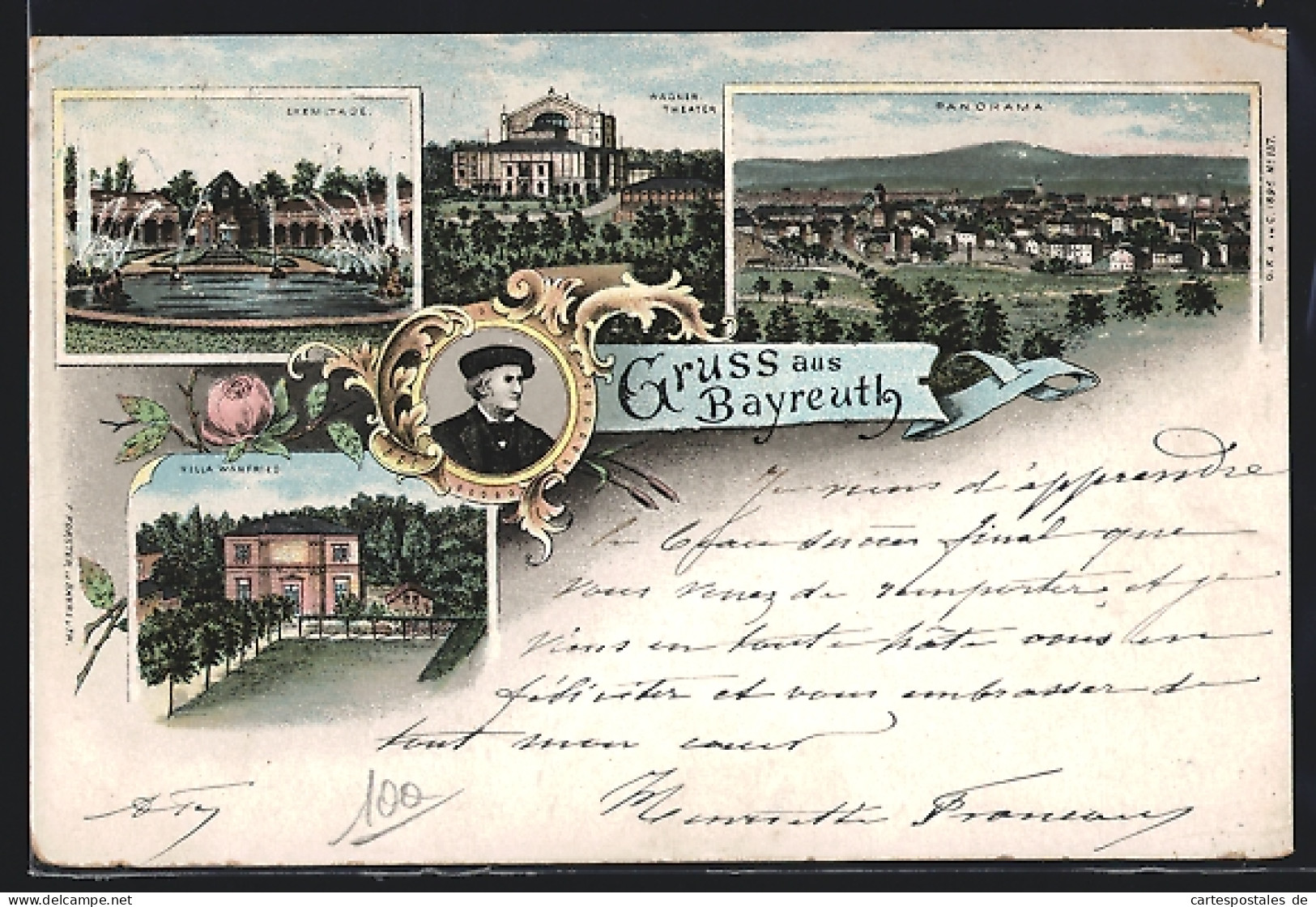 Lithographie Bayreuth, Wagner-Theater, Villa Wanfried, Eremitage, Panorama  - Teatro