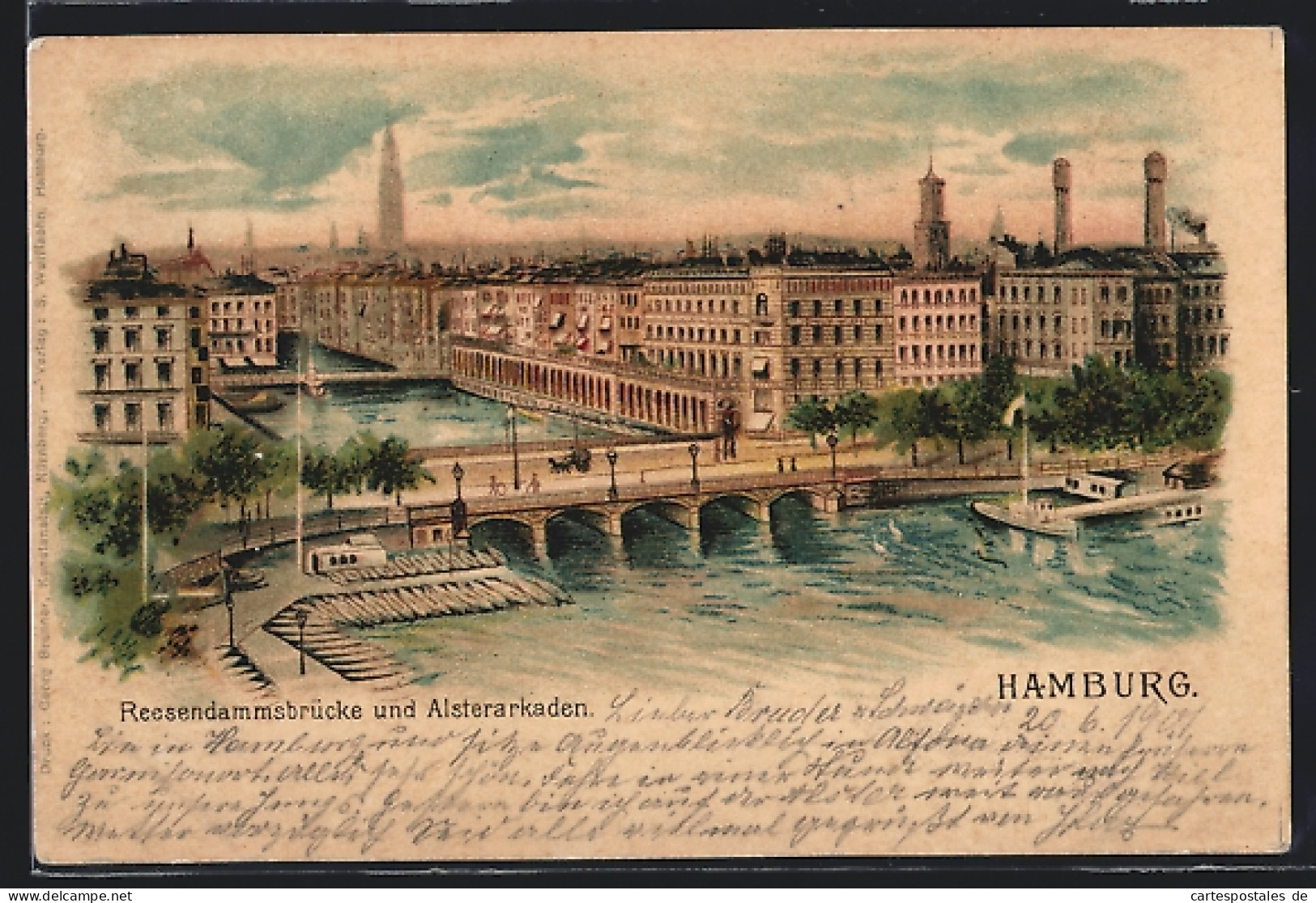 Lithographie Hamburg, Reesendammsbrücke Und Alsterarkaden  - Mitte