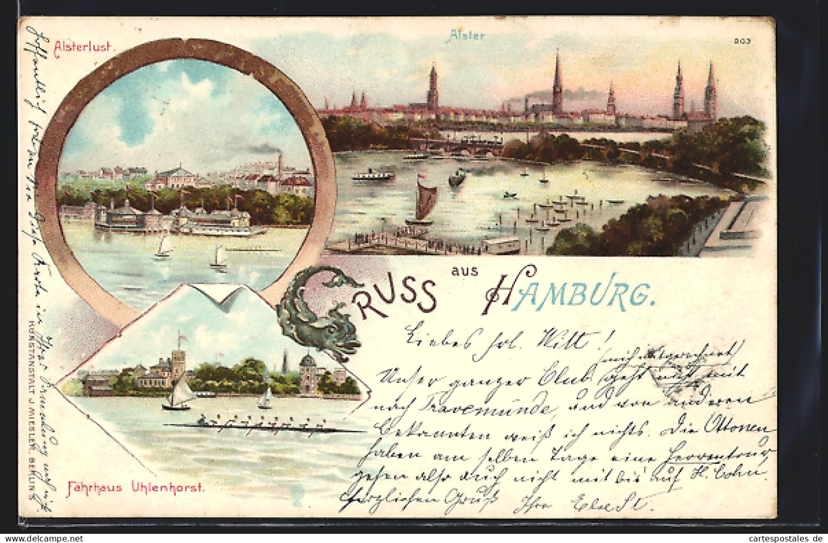 Lithographie Hamburg-Neustadt, Fährhaus Uhlenhorst, Alsterlust, Blick Zur Alster, Dampfer, Ruderboote  - Mitte