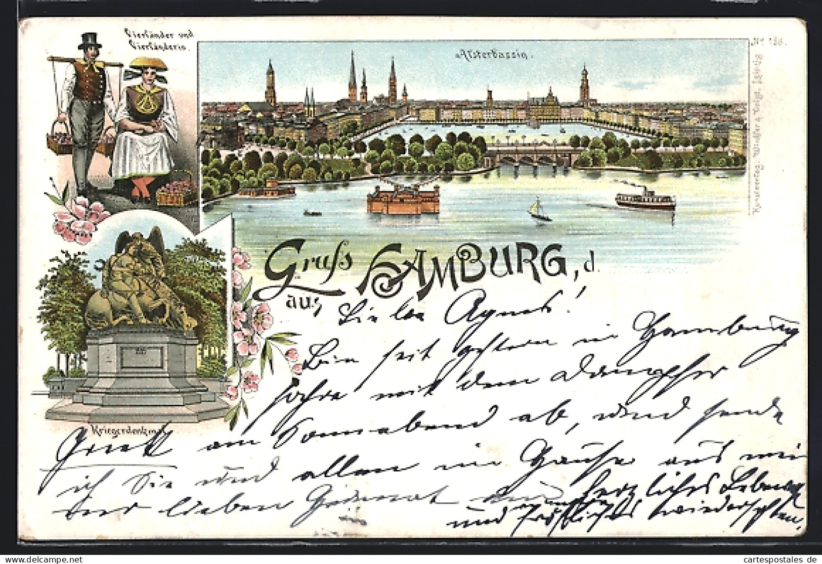 Vorläufer-Lithographie Hamburg, 1894, Vierländer Und Vierländerin, Alsterbassin, Kriegerdenkmal  - Mitte