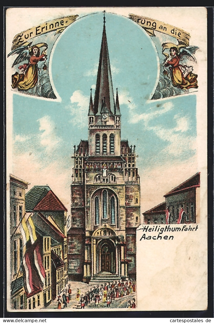 Lithographie Aachen, Andenken An Die Heiligtumsfahrt, Gläubige Vorm Dom  - Sonstige & Ohne Zuordnung