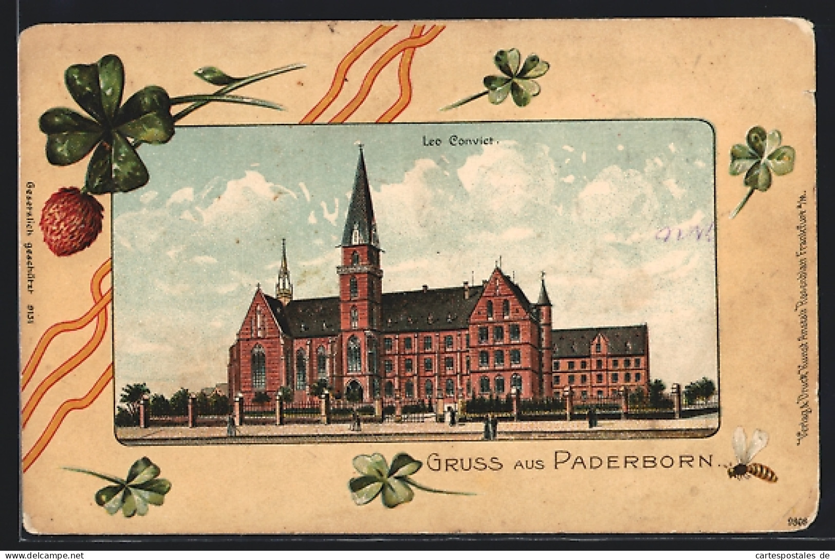 Präge-Lithographie Paderborn, Leo Convict, Kleeblätter U. Wespe  - Paderborn