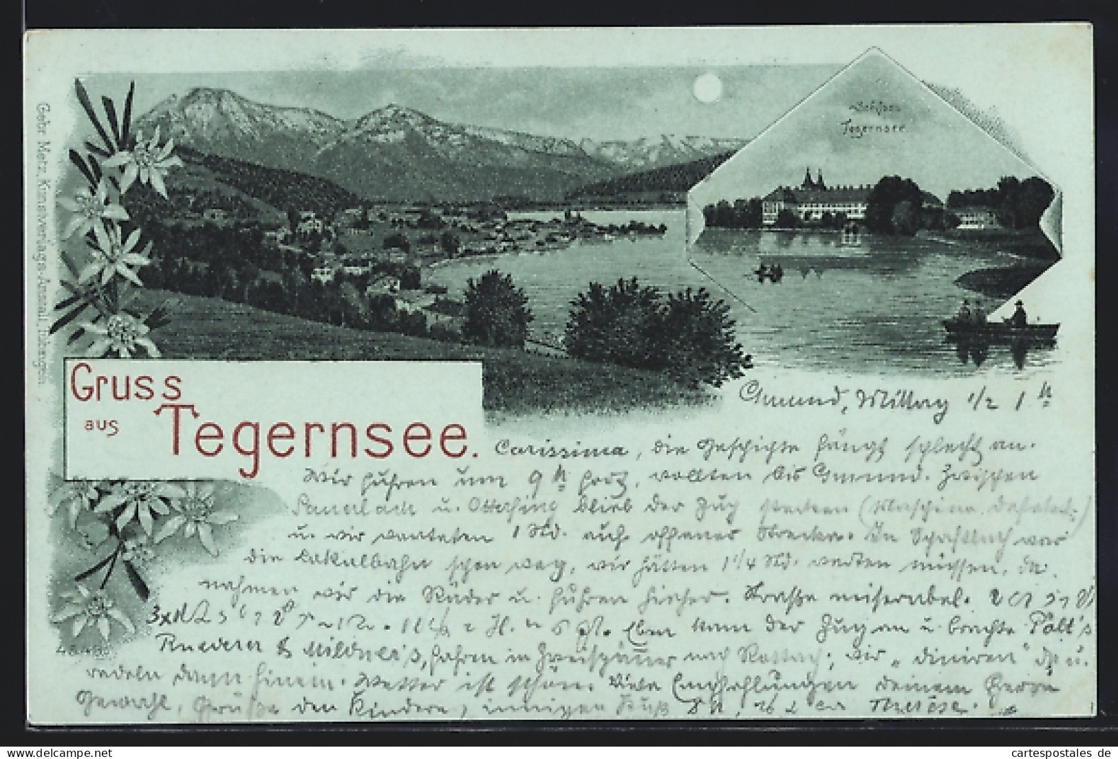Mondschein-Lithographie Tegernsee, Schloss Tegernsee, Panorama  - Tegernsee