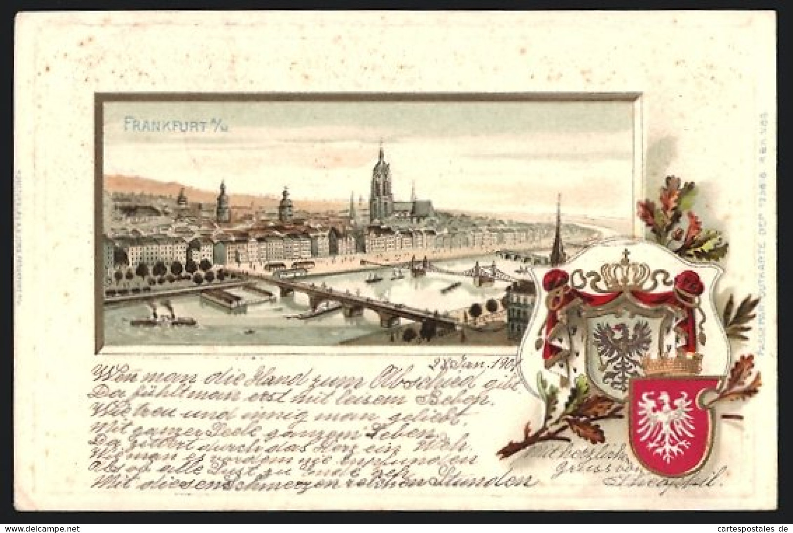 Passepartout-Lithographie Frankfurt /Main, Panorama Mit Den Mainbrücken, Wappen  - Other & Unclassified