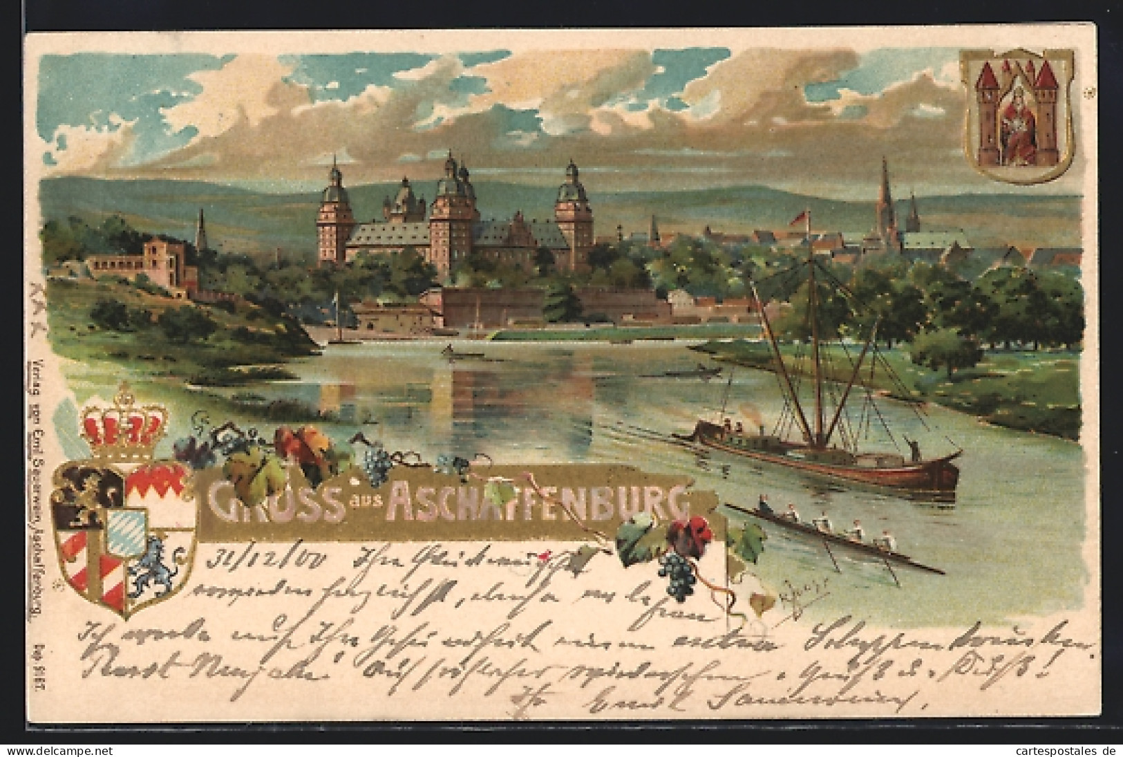 Künstler-AK Aschaffenburg, Uferpartie Mit Schloss, Wappen  - Aschaffenburg