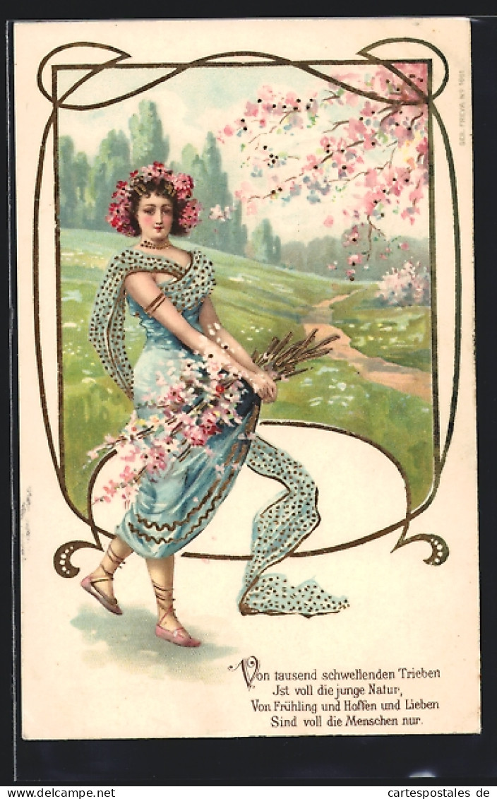 AK Junge Dame Mit Blumen U. Schleier Im Frühjahr, Jugendstil  - Autres & Non Classés