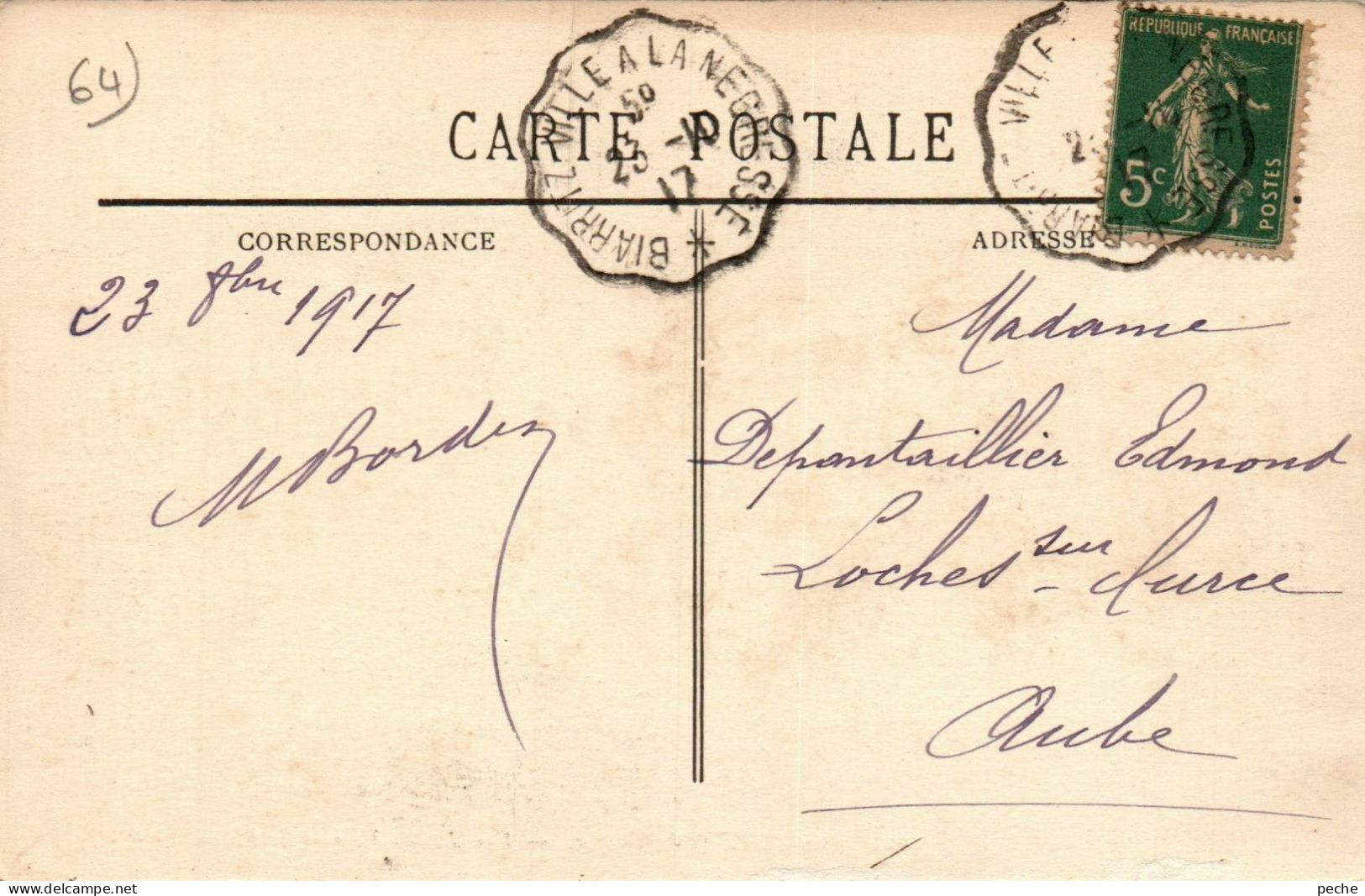 N° 2465 W -cachet Convoyeur -Biarritz Ville à La Negresse1917- - Poste Ferroviaire