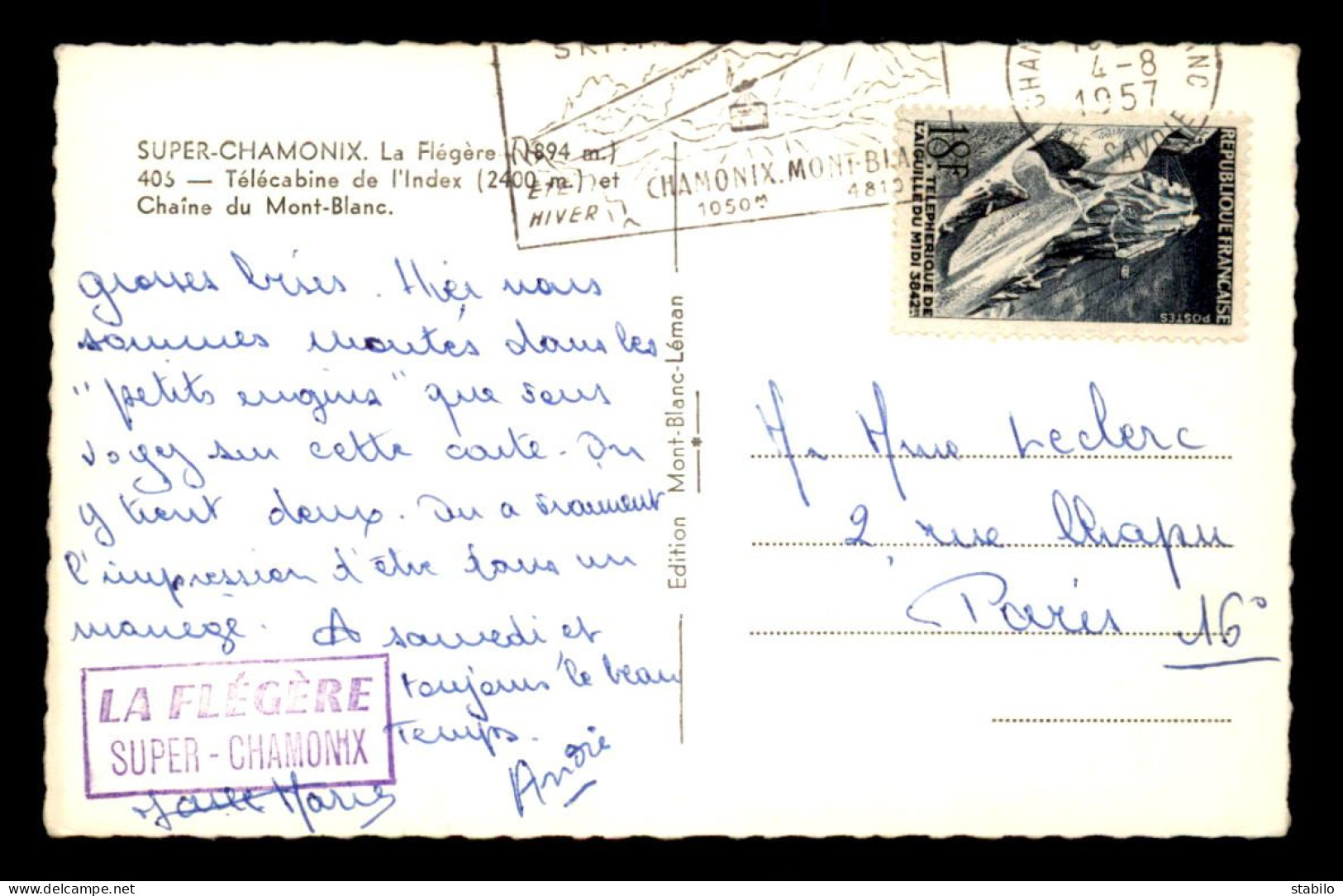 TELEPHERIQUE DE L'AIGUILLE DU MIDI 18F BLEU-NOIR N° 1079 SEUL SUR CARTE POSTALE  - Storia Postale