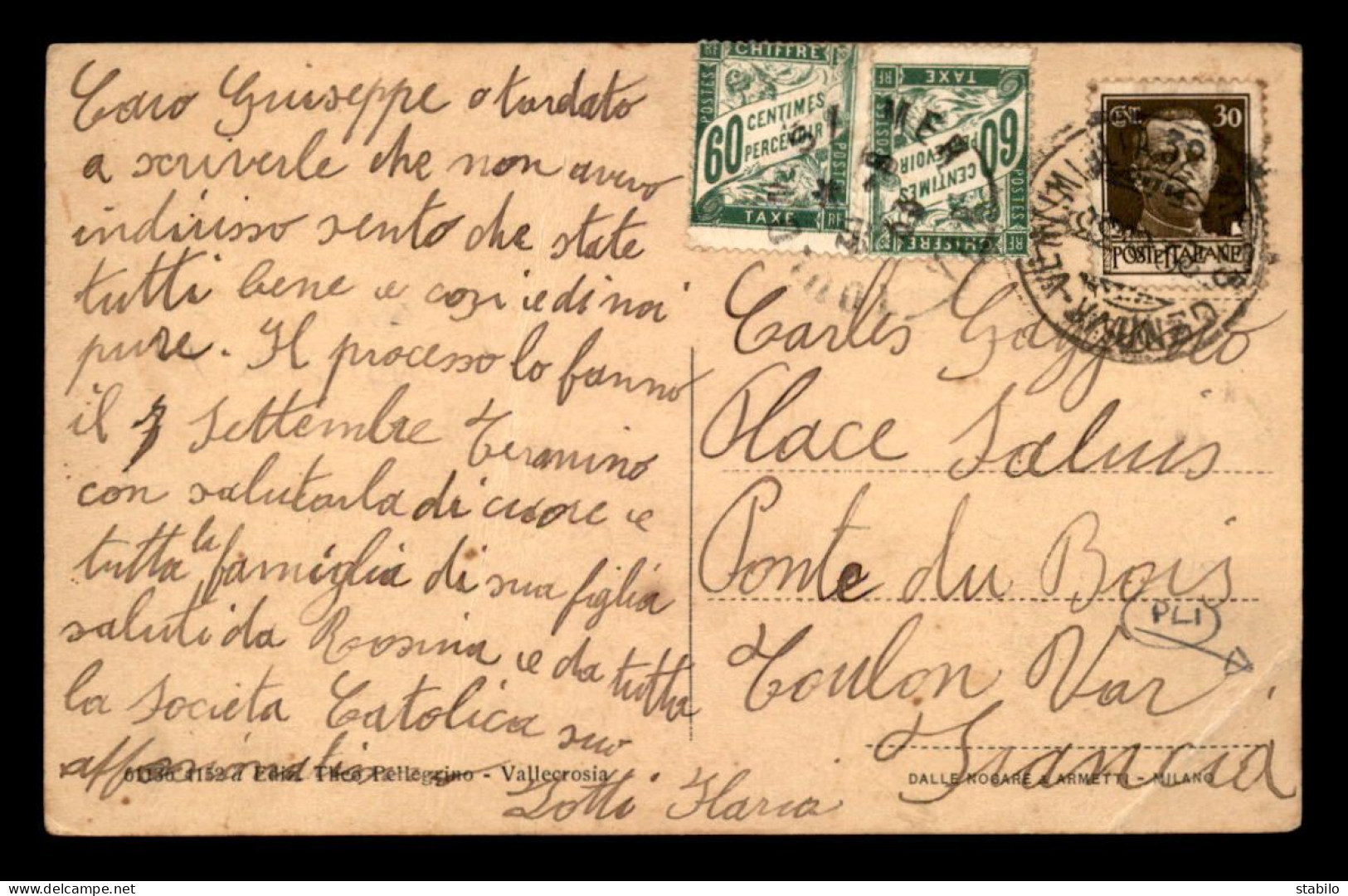 CARTE TAXEE - 2 TIMBRES TAXE A 60 CENTIMES SUR CARTE D'ITALIE ADRESSEE A TOULON (VAR) - 1859-1959 Covers & Documents