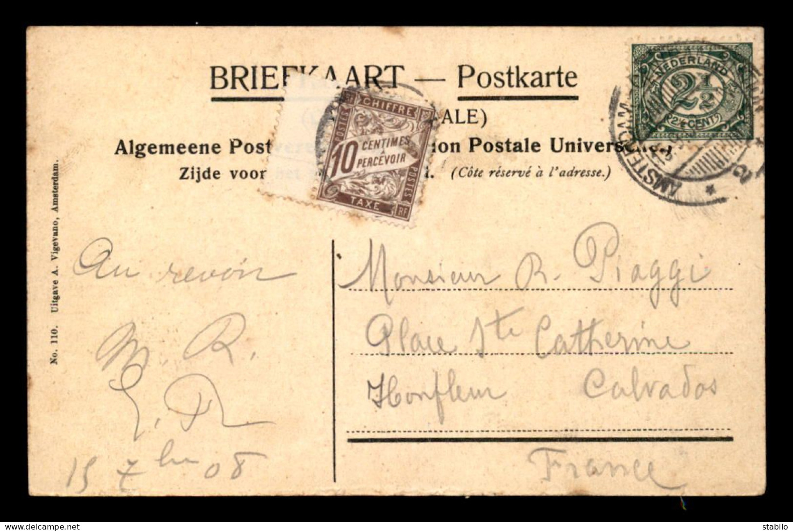 CARTE TAXEE - 1 TIMBRE TAXE A 10 CENTIMES SUR CARTE DES PAYS-BAS ENVOYEE A HONFLEUR (CALVADOS) - 1859-1959 Briefe & Dokumente