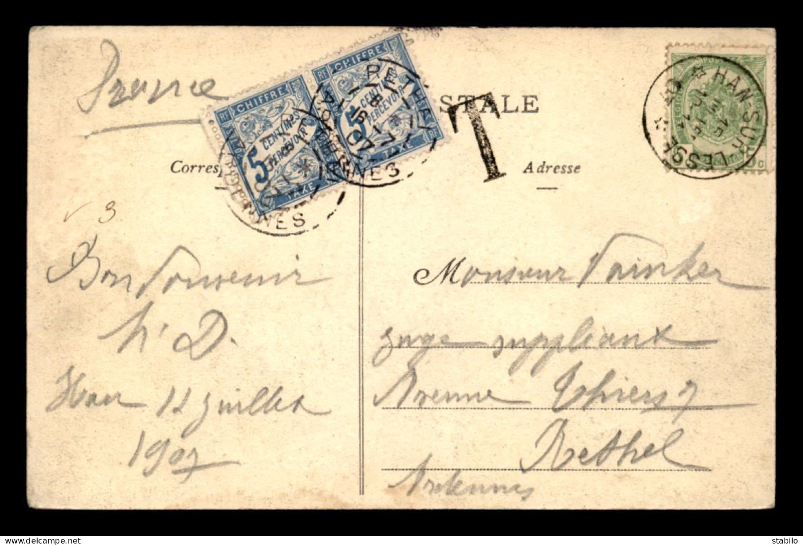 CARTE TAXEE - 2 TIMBRES TAXE A 5 CENTIMES SUR CARTE DE BELGIQUE ENVOYEE A RETHEL (ARDENNES) - 1859-1959 Brieven & Documenten