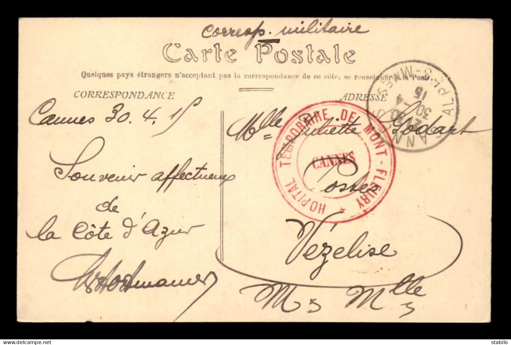 GUERRE 14/18 - CACHET HOPITAL TEMPORAIRE DE MONT-FLEURY - 1. Weltkrieg 1914-1918