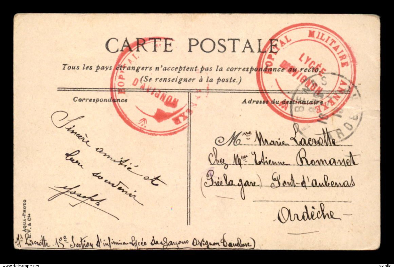 GUERRE 14/18 - CACHET HOPITAL MILITAIRE ANNEXE DU LYCEE D'AVIGNON - Guerre De 1914-18