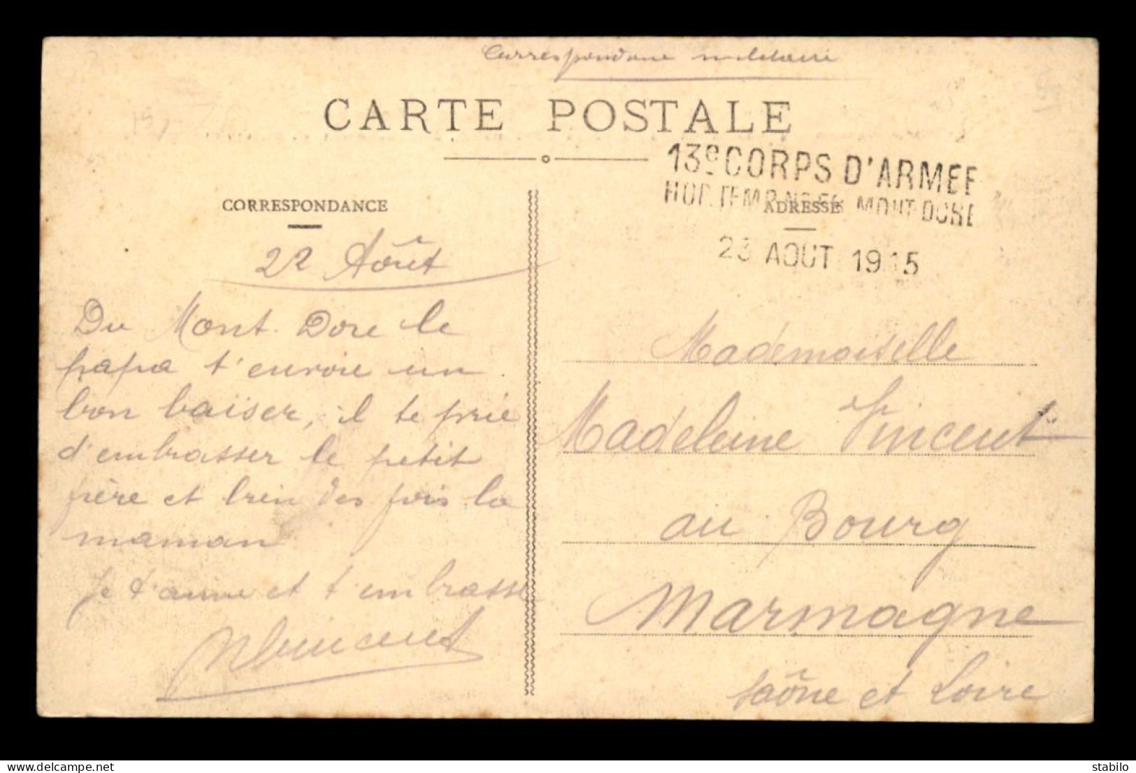 GUERRE 14/18 - CACHET HOPITAL TEMPORAIRE DU MONT-D'OR (PUY-DE-DOME) - 1. Weltkrieg 1914-1918