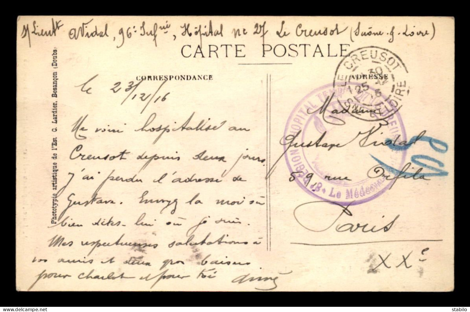 GUERRE 14/18 - CACHET HOPITAL TEMPORAIRE N°27 LE CREUSOT (SAONE-ET-LOIRE) - Guerre De 1914-18