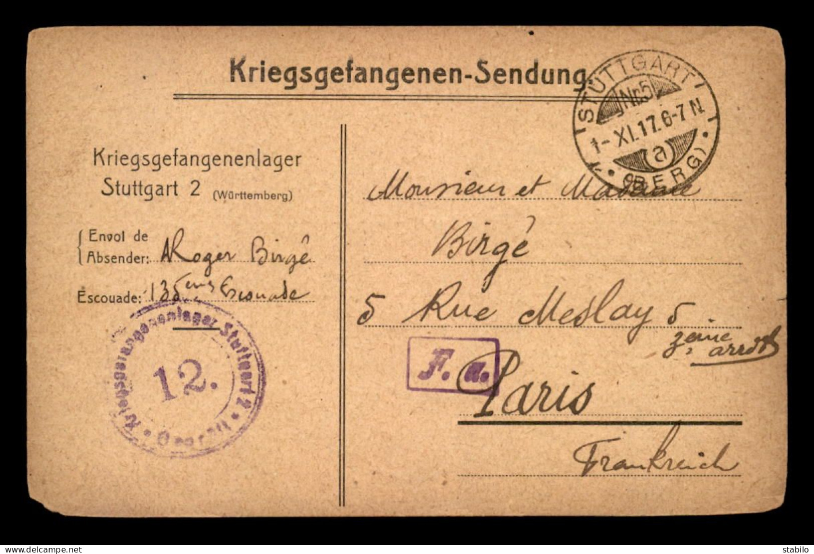 GUERRE 14/18 - CARTE DE FRANCHISE MILITAIRE - LAGER STUTTGART 2 - KRIEGSGEFANGENENSENDUNG  - Storia Postale