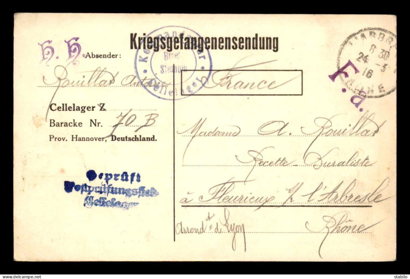 GUERRE 14/18 - CARTE DE FRANCHISE MILITAIRE - CELLELAGER - KRIEGSGEFANGENENSENDUNG  - Lettres & Documents