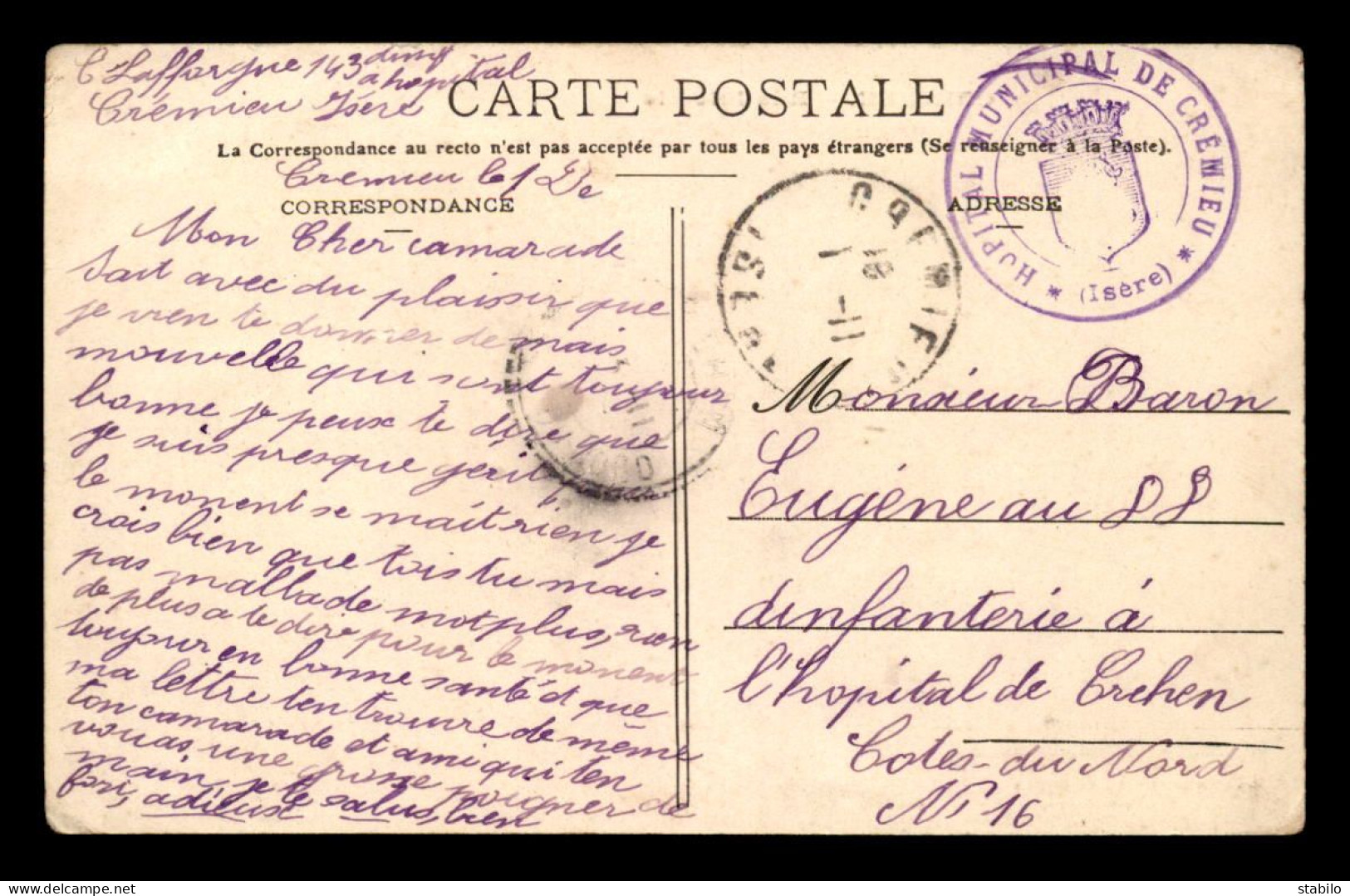 CACHET DE L'HOPITAL MUNICIPAL DE CREMIEU (ISERE) SUR CARTE DE LA RUE JUIVERIE A CREMIEU - JUDAISME - Guerre De 1914-18