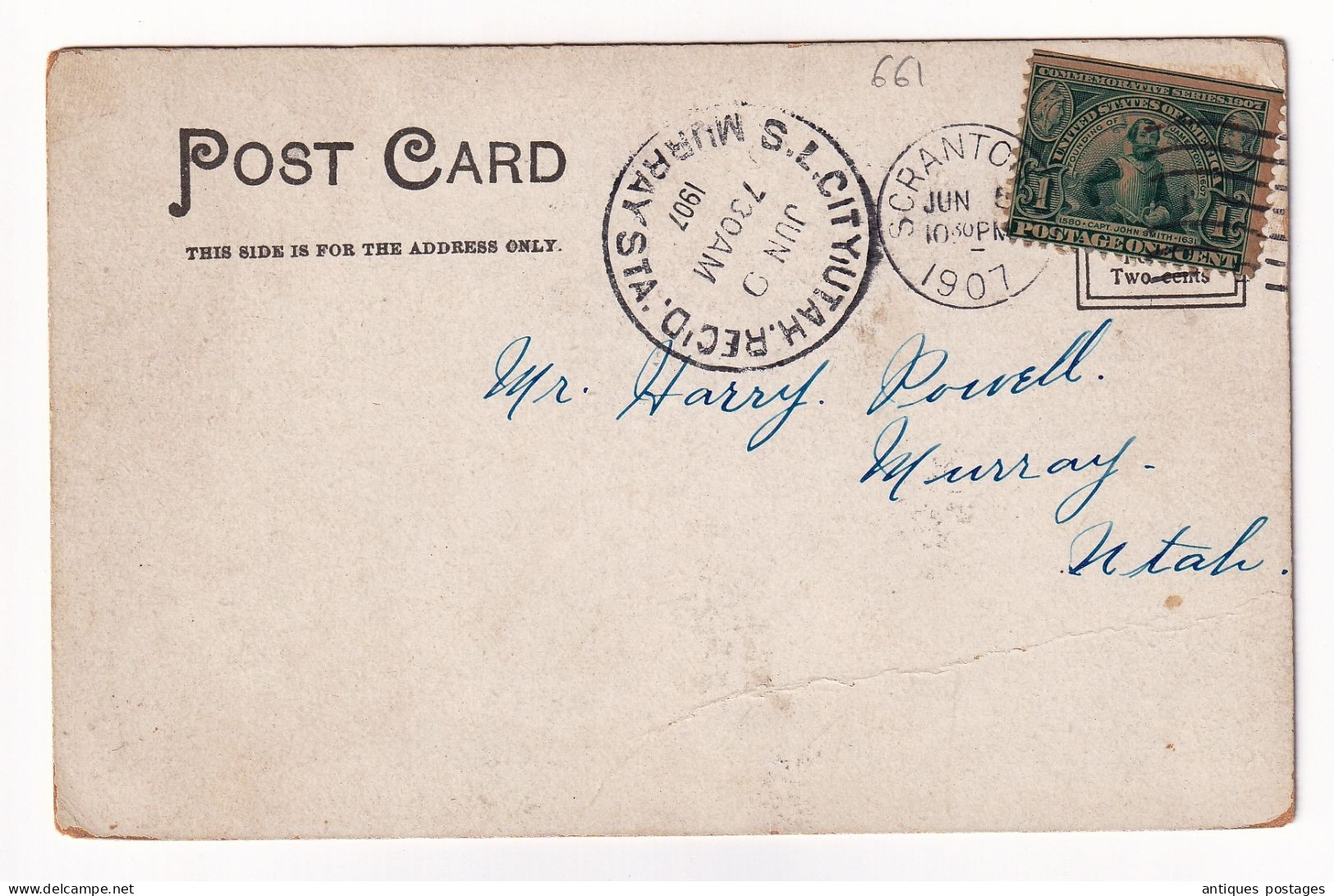 Post Card 1907 SCRANTON Pennsylvania USA Murray Utah Stamp Captain John Smith One Cent - Cartas & Documentos