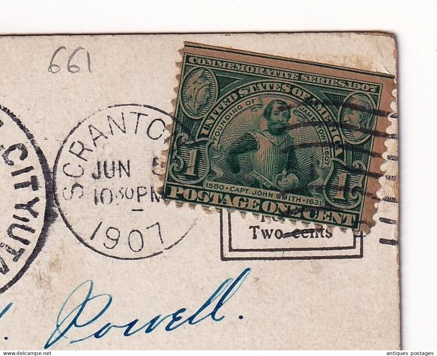 Post Card 1907 SCRANTON Pennsylvania USA Murray Utah Stamp Captain John Smith One Cent - Brieven En Documenten