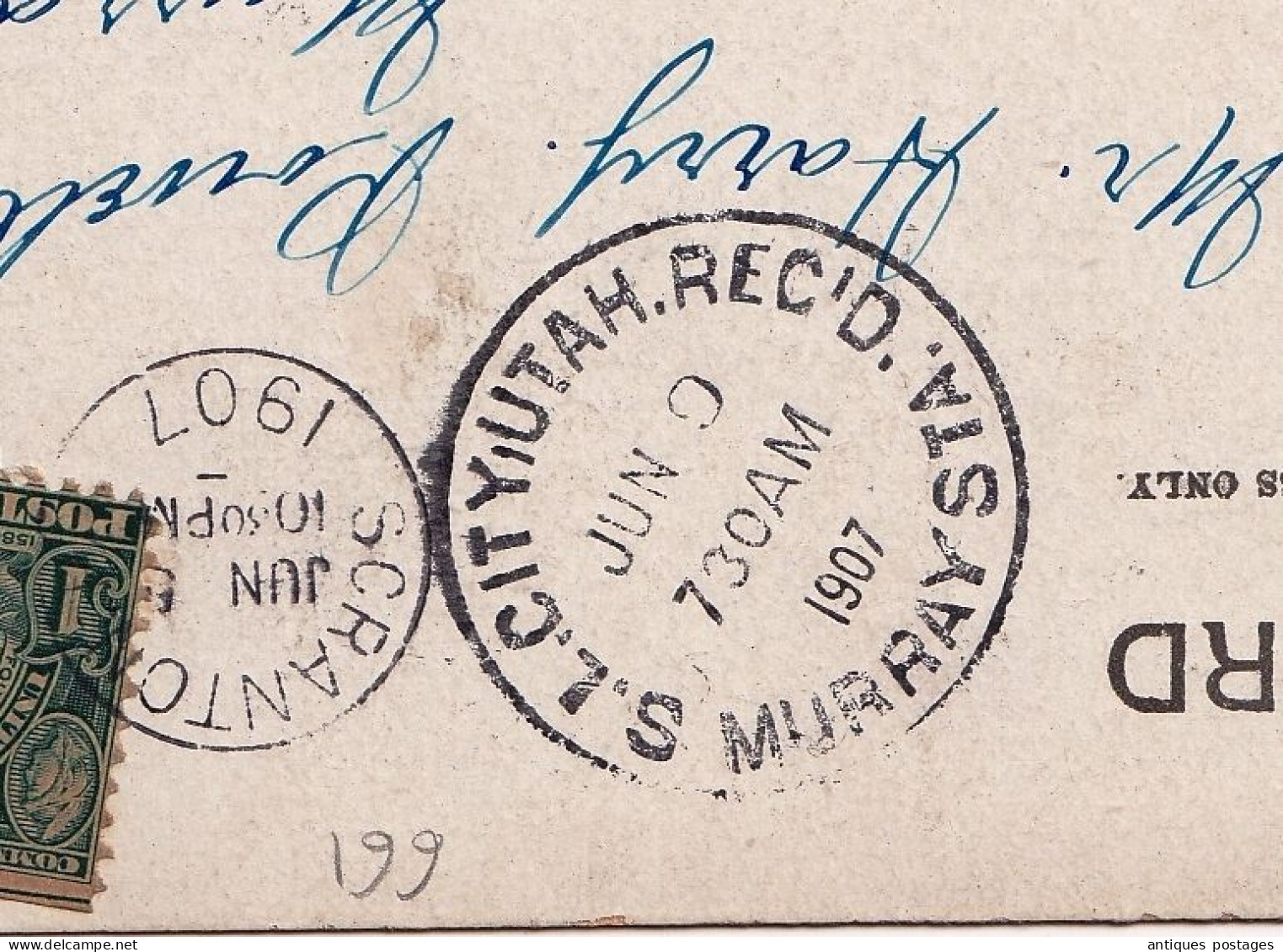 Post Card 1907 SCRANTON Pennsylvania USA Murray Utah Stamp Captain John Smith One Cent - Covers & Documents