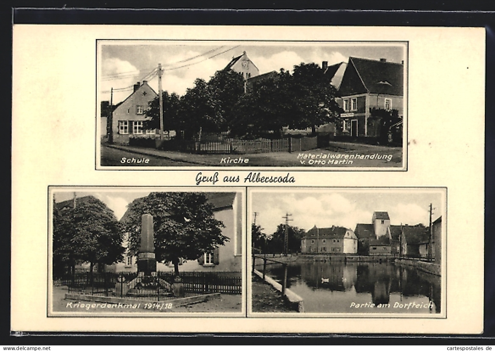 AK Albersroda, Materialwarenhandlung V. Otto Martin Mit Kirche U. Schule, Dorfteich, Kriegerdenkmal 1914-18  - Andere & Zonder Classificatie