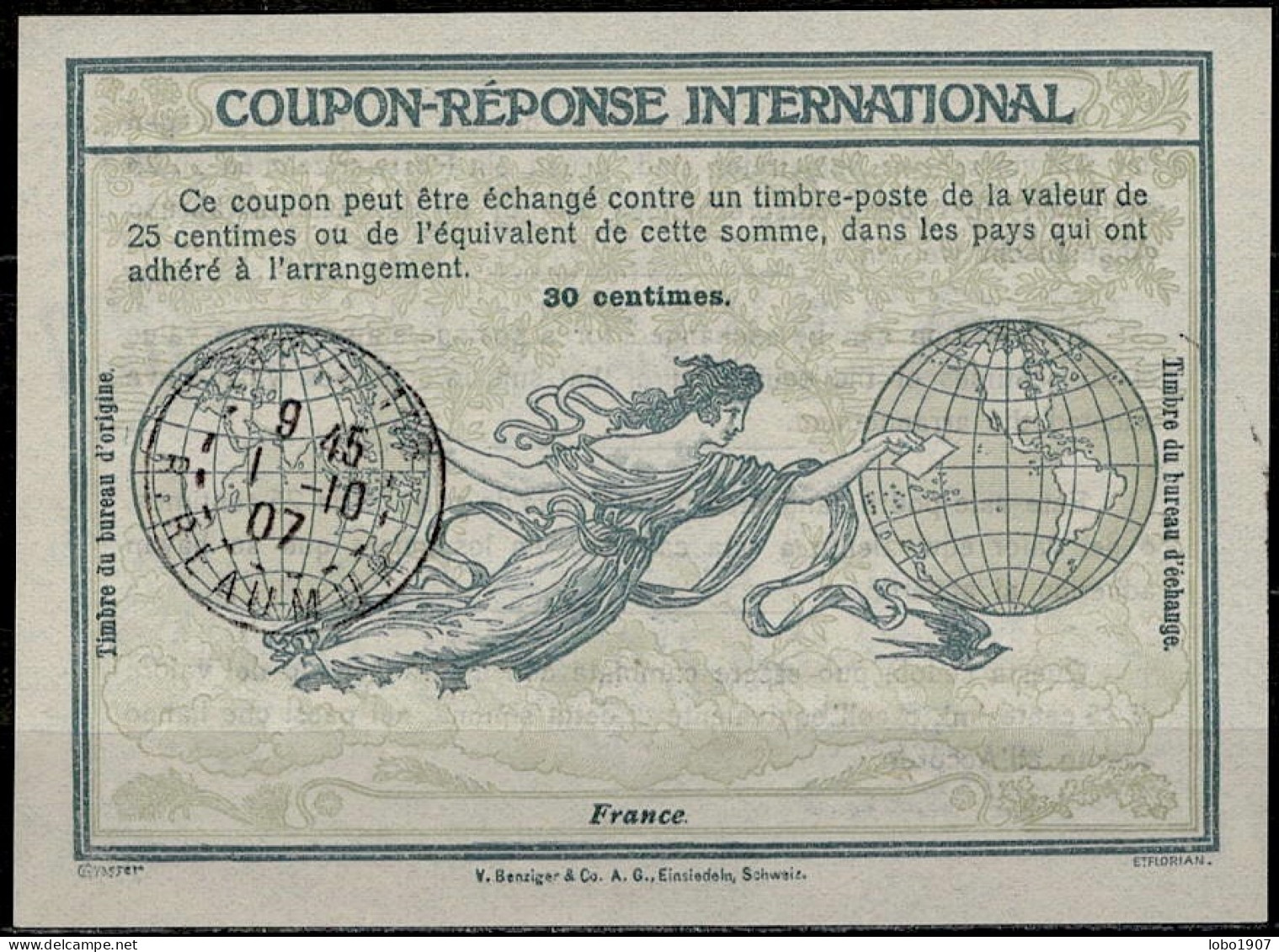 FRANCE First Day Of Issue Worldwide 01.10.1907  International Reply Coupon Reponse Antwortschein IRC IAS   Ro1 O PARIS - Reply Coupons