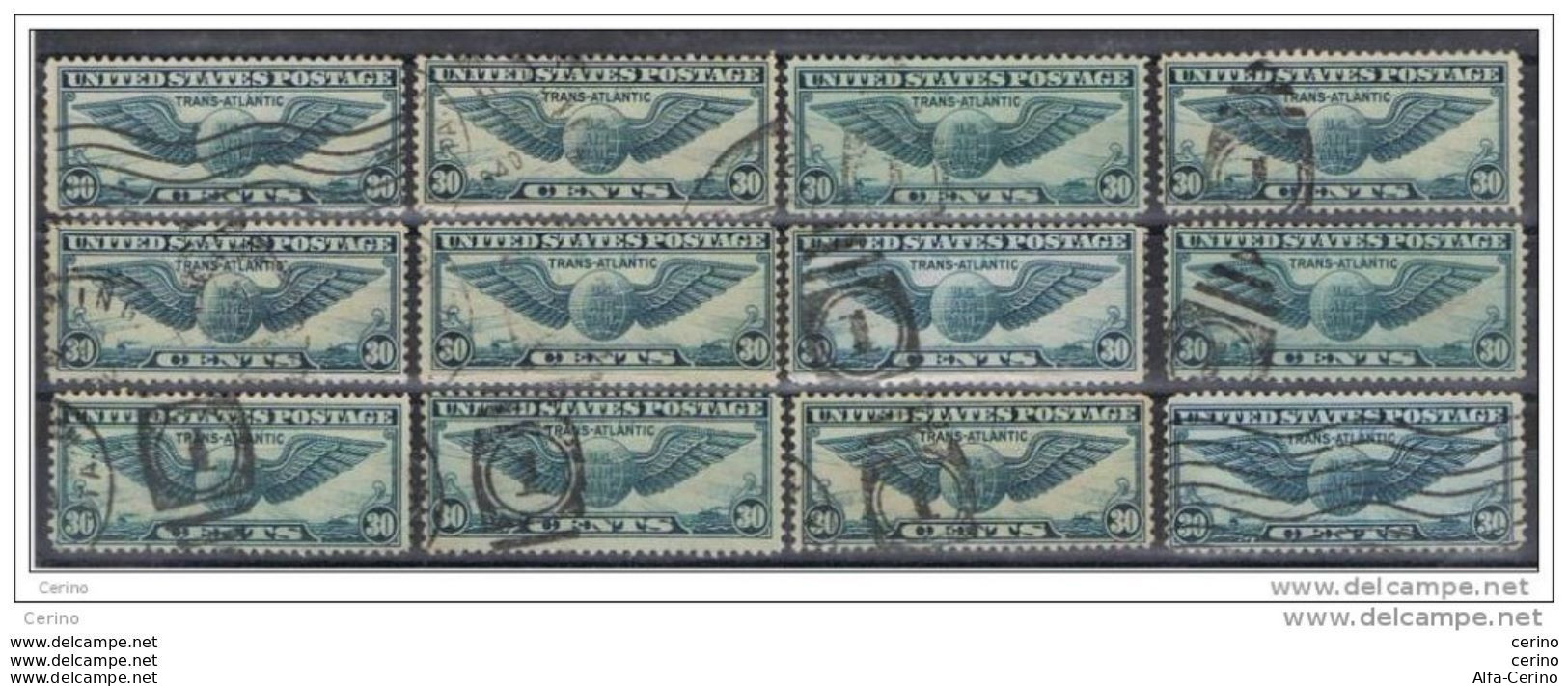 U.S.A.:  1939  AIR  MAIL  TRANS-ATLANTIC  -  30 C. USED  STAMPS  -  REP. 12  EXEMPLARY  -  YV/TELL. 25 - 1a. 1918-1940 Gebraucht