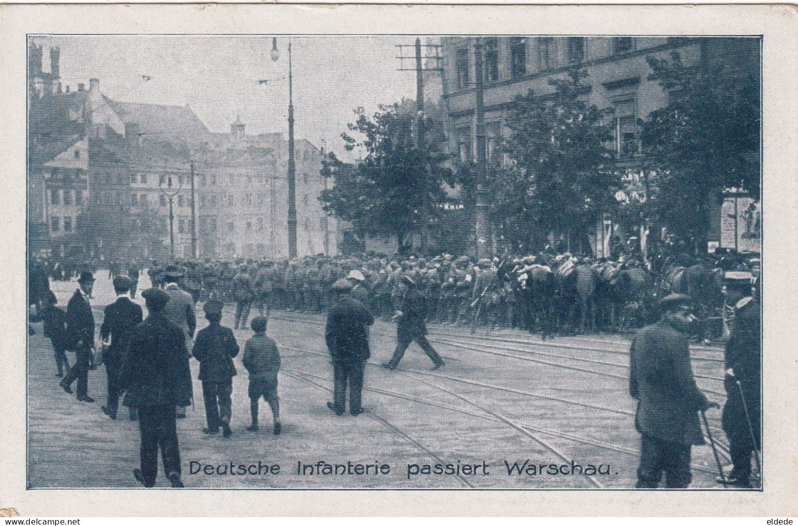 German Occupation Of Poland WWI Infantry In Warsaw Street Tramway Jewish On The Left Warschau Varsovie - Weltkrieg 1914-18