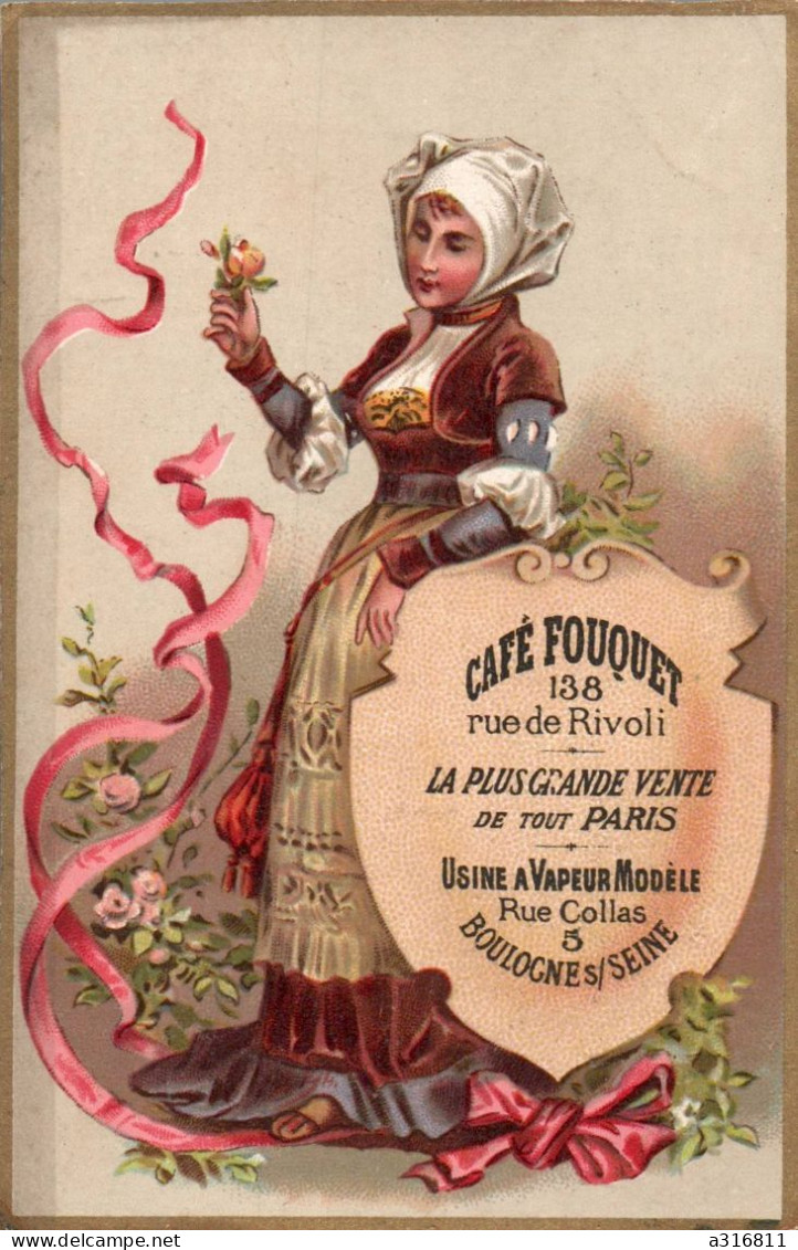 CAFE FOUQUET BOULOGNE SUR SEINE TRES JOLIE CHROMO JEUNE FEMME ROSE RUBAN - Thé & Café