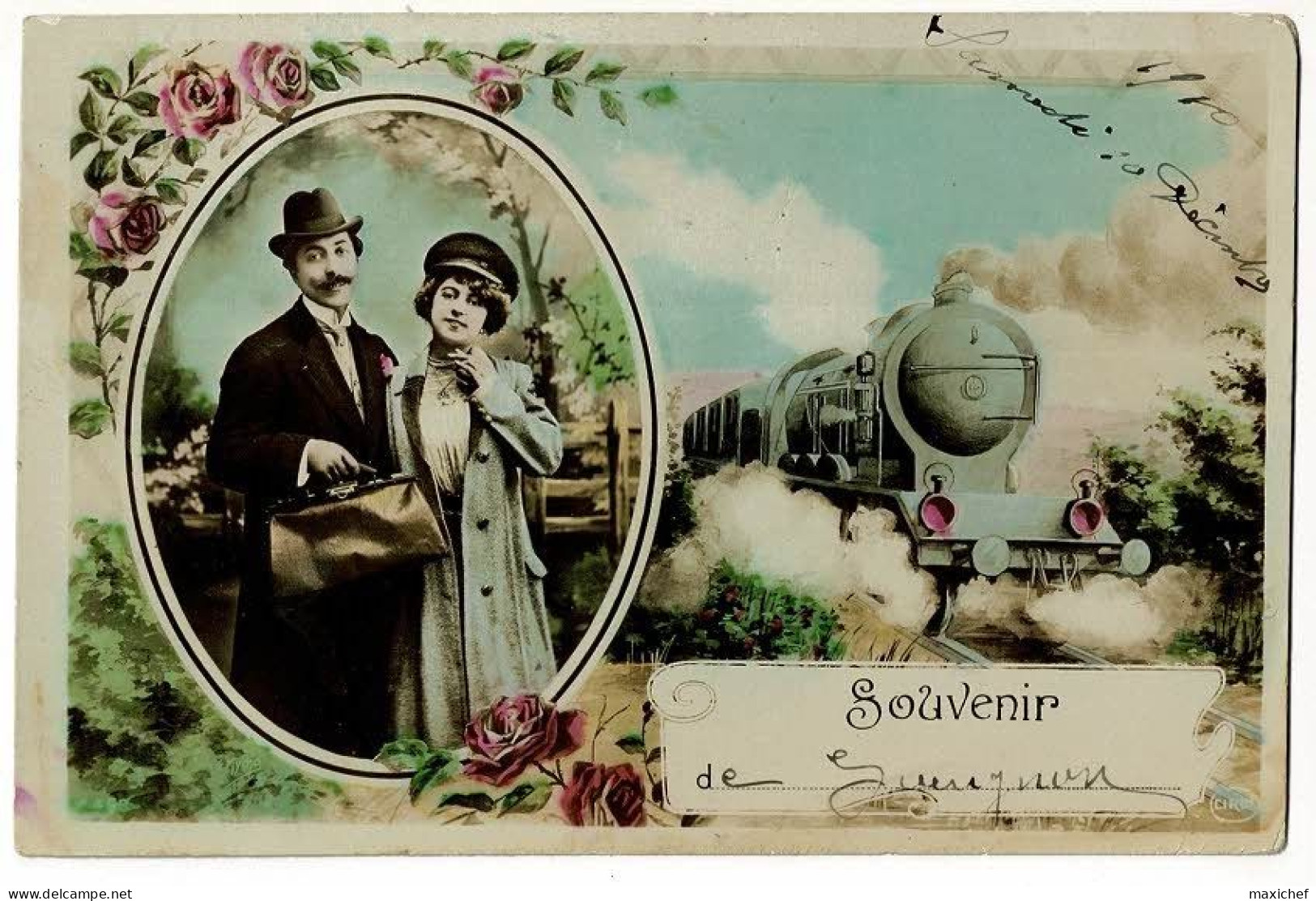 Carte Montage Photo- Couple Voyageurs & Train - Souvenir De Gueugnon, Cachet Convoyeur Digoin A Etang, Circ 1910 - Gueugnon